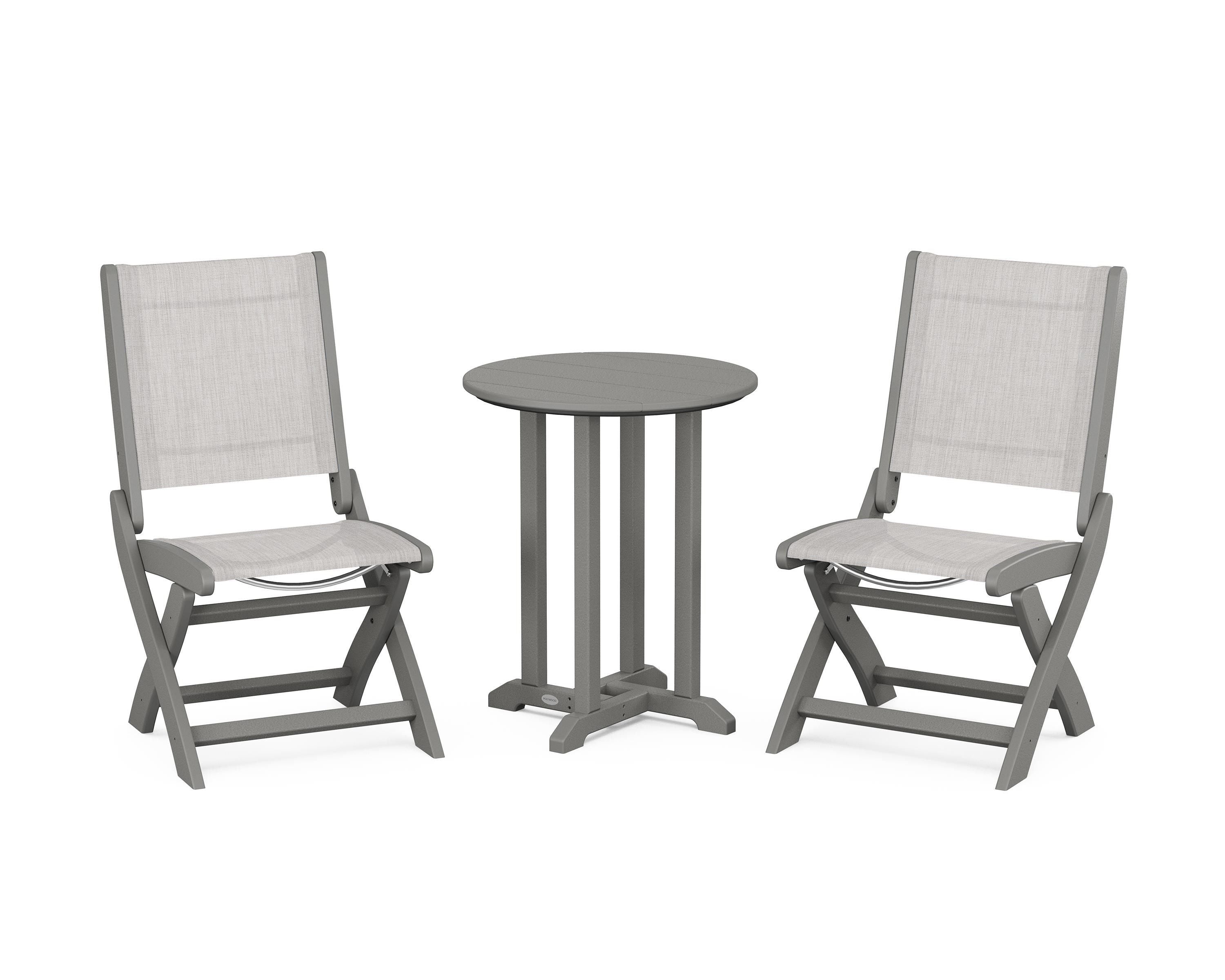 POLYWOOD Coastal Folding Side Chair 3-Piece Round Bistro Dining Set in Slate Grey / Parchment Sling