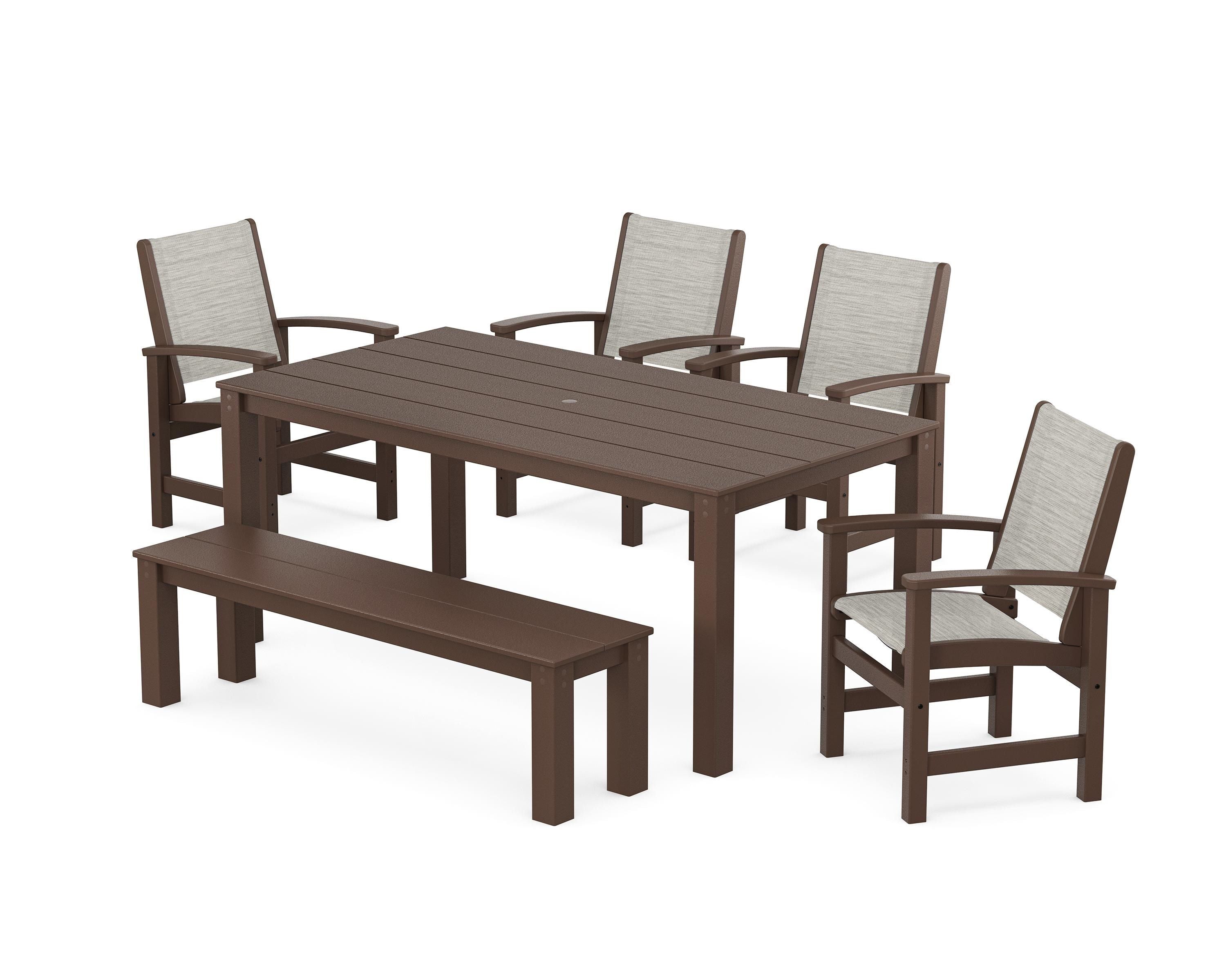 POLYWOOD Coastal 6-Piece Parsons Dining Set with Bench in Mahogany / Birch Sling