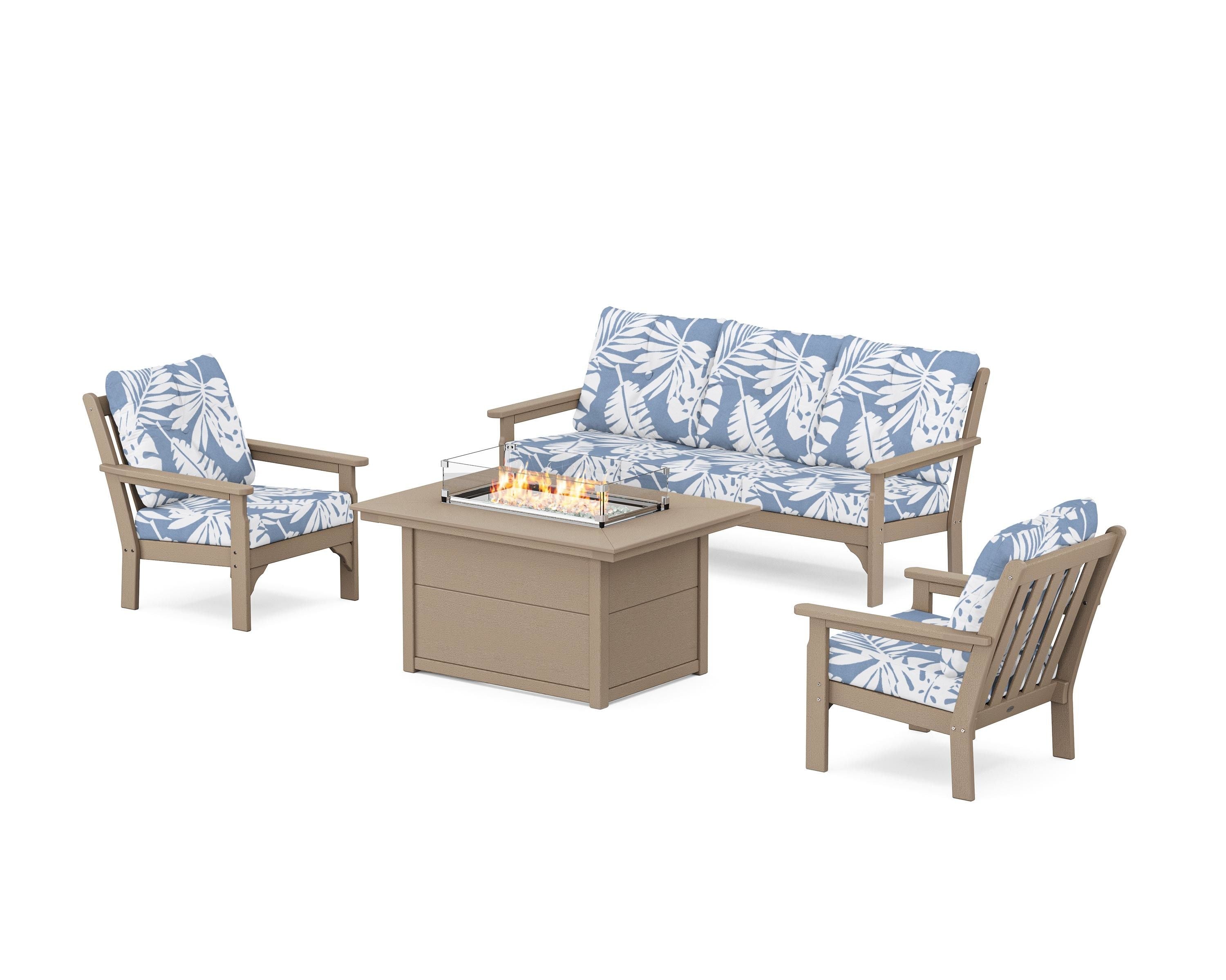 POLYWOOD Vineyard Deep Seating Fire Pit Table Set in Vintage Sahara / Leaf Sky Blue