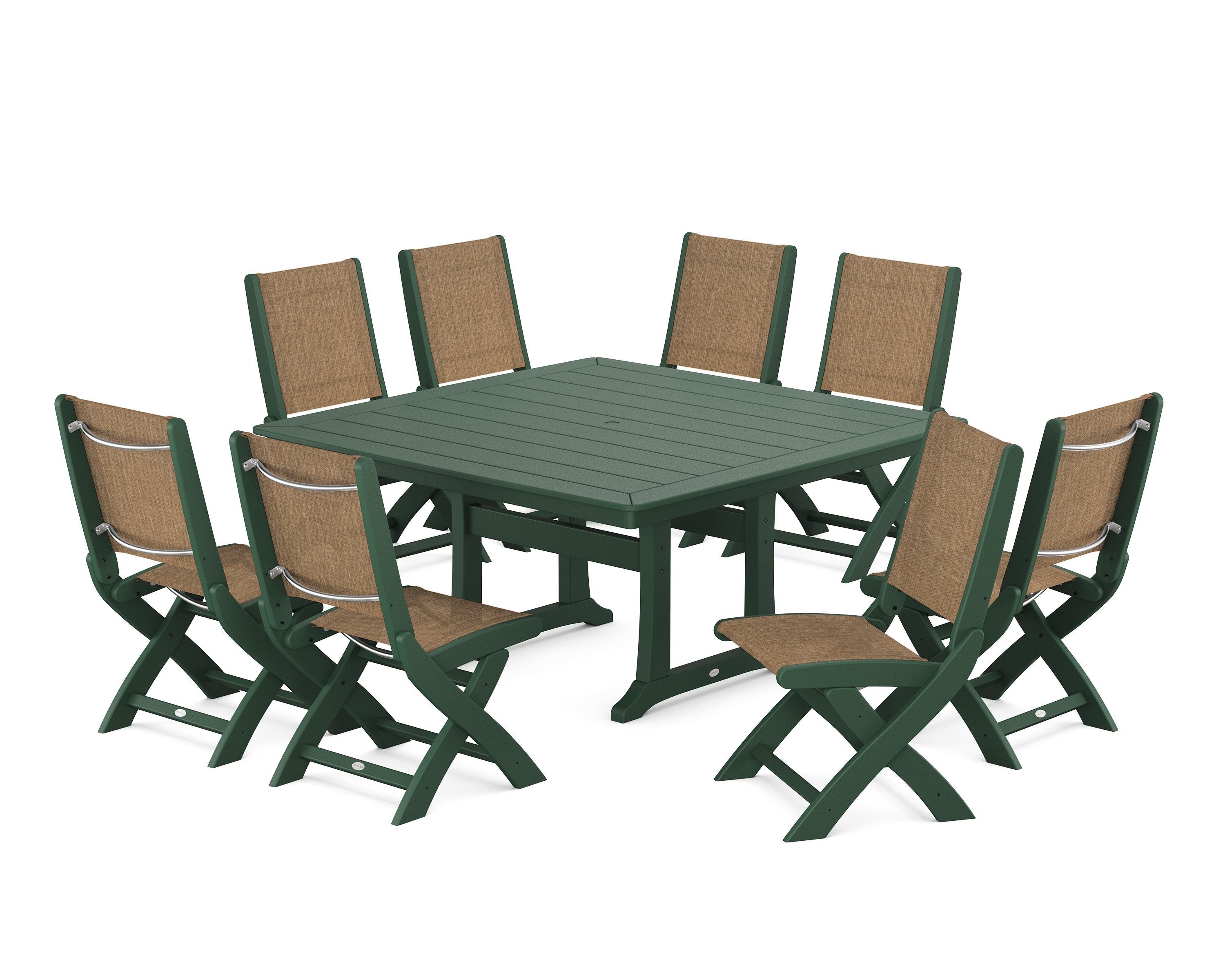 POLYWOOD Coastal Folding Side Chair 9-Piece Dining Set with Trestle Legs in Green / Burlap Sling