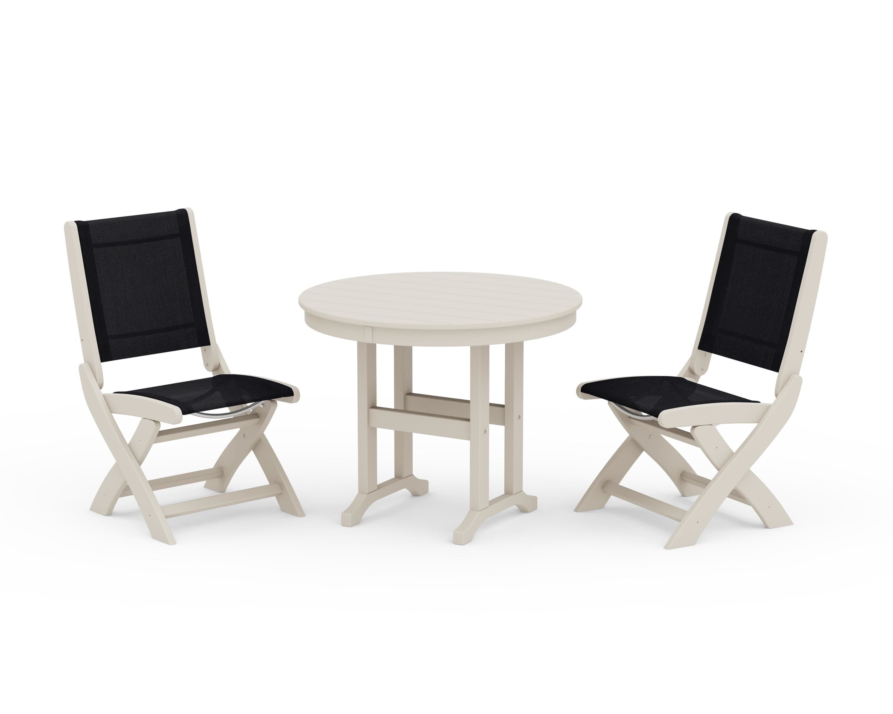 POLYWOOD Coastal Folding Side Chair 3-Piece Round Dining Set in Sand / Black Sling