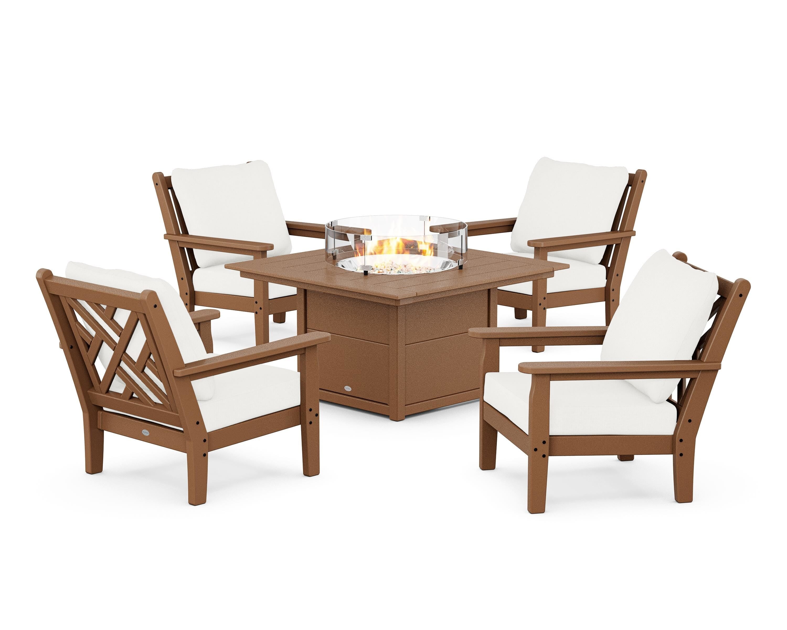 POLYWOOD Chippendale 5-Piece Deep Seating Set with Fire Pit Table in Teak / Natural Linen