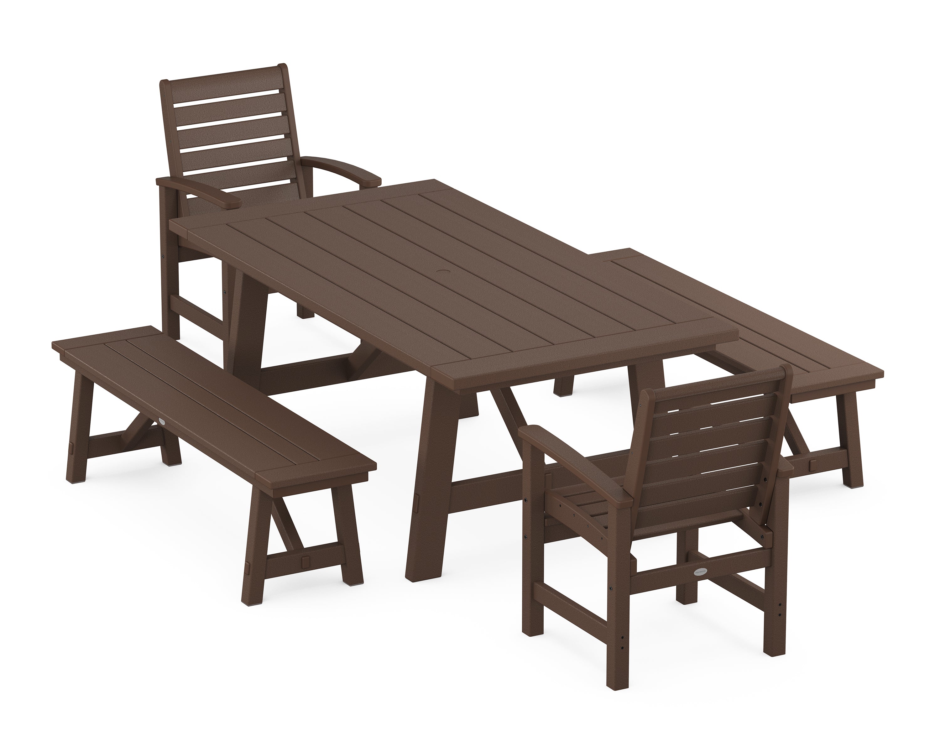 POLYWOOD® Signature 5-Piece Rustic Farmhouse Dining Set With Benches in Mahogany