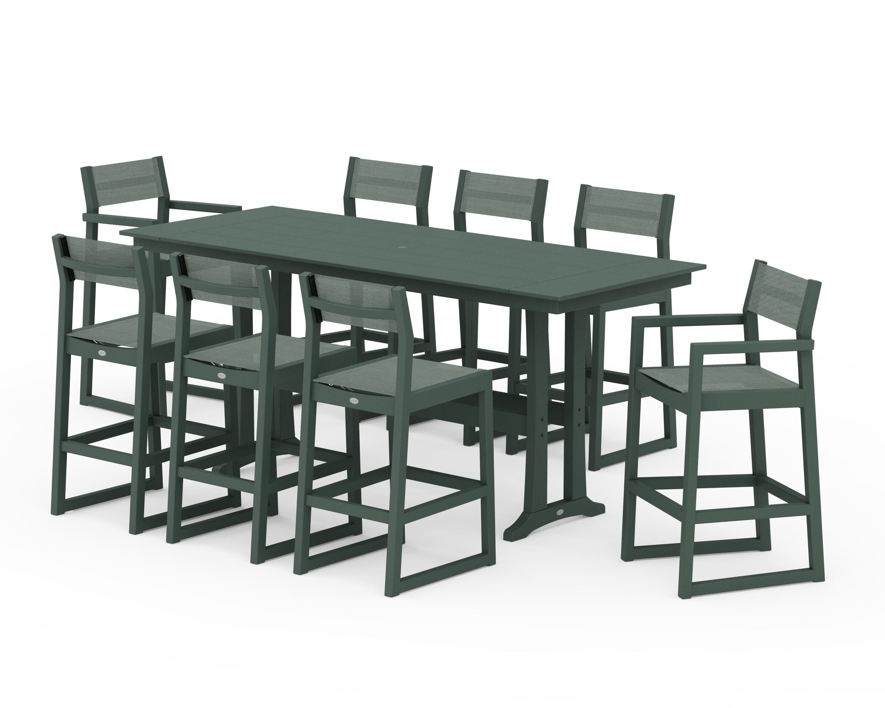 POLYWOOD EDGE Sling 9-Piece Farmhouse Bar Set with Trestle Legs in Green / Dupioni Sea Mist Sling