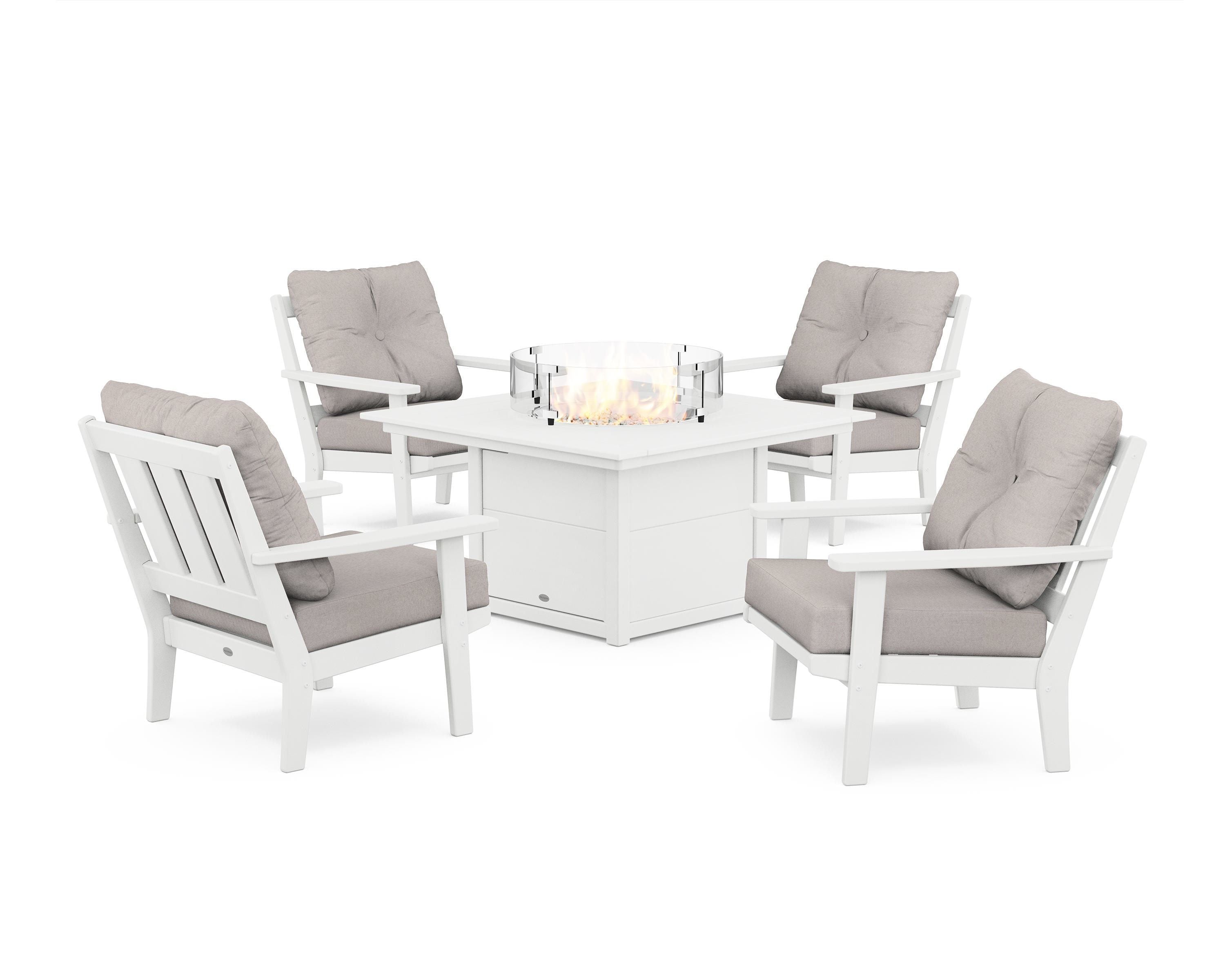 POLYWOOD Oxford 5-Piece Deep Seating Set with Fire Pit Table in White / Dune Burlap