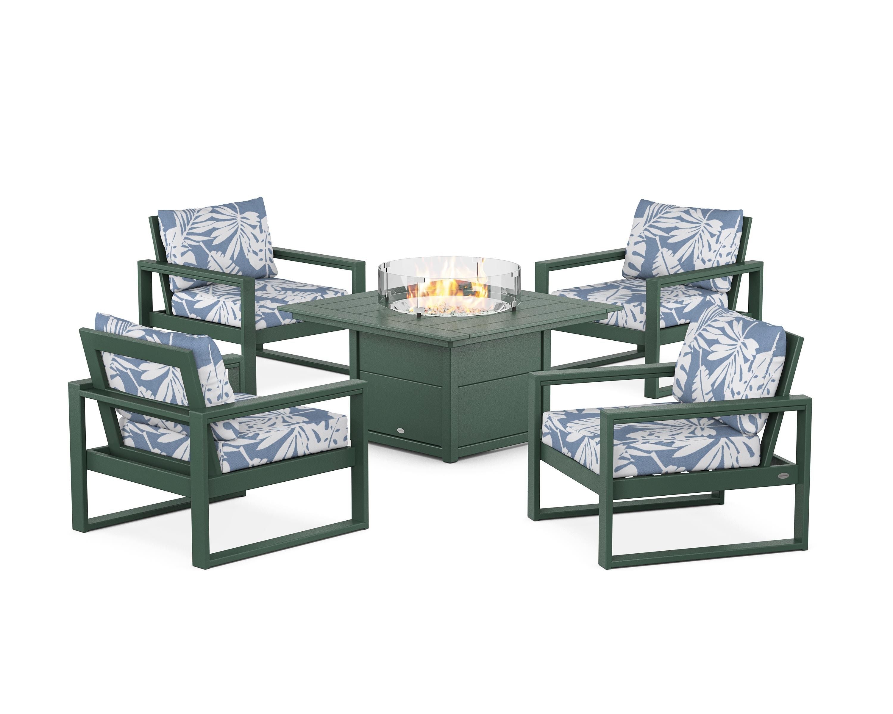 POLYWOOD EDGE Sectional 5-Piece Deep Seating Set with Fire Pit Table in Green / Leaf Sky Blue