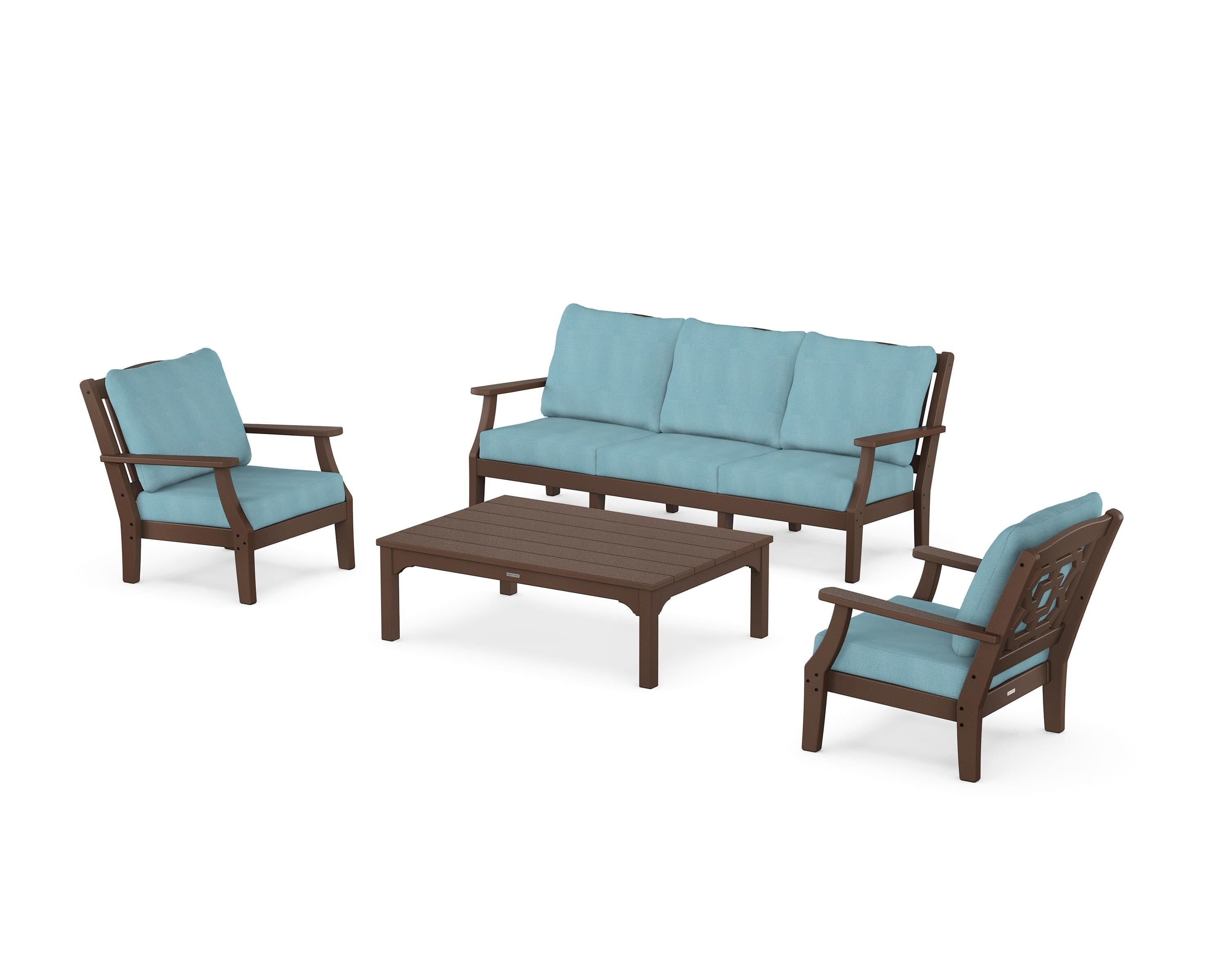 Martha Stewart by POLYWOOD Chinoiserie 4-Piece Deep Seating Set with Sofa in Mahogany / Lattice Sky Blue