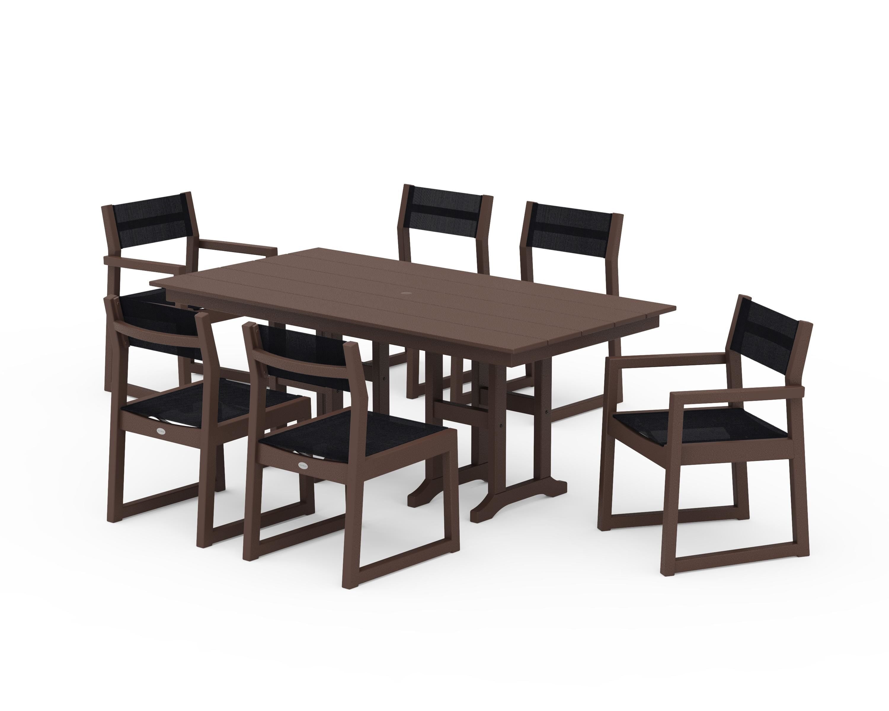 POLYWOOD EDGE Sling 7-Piece Farmhouse Dining Set in Mahogany / Black Sling