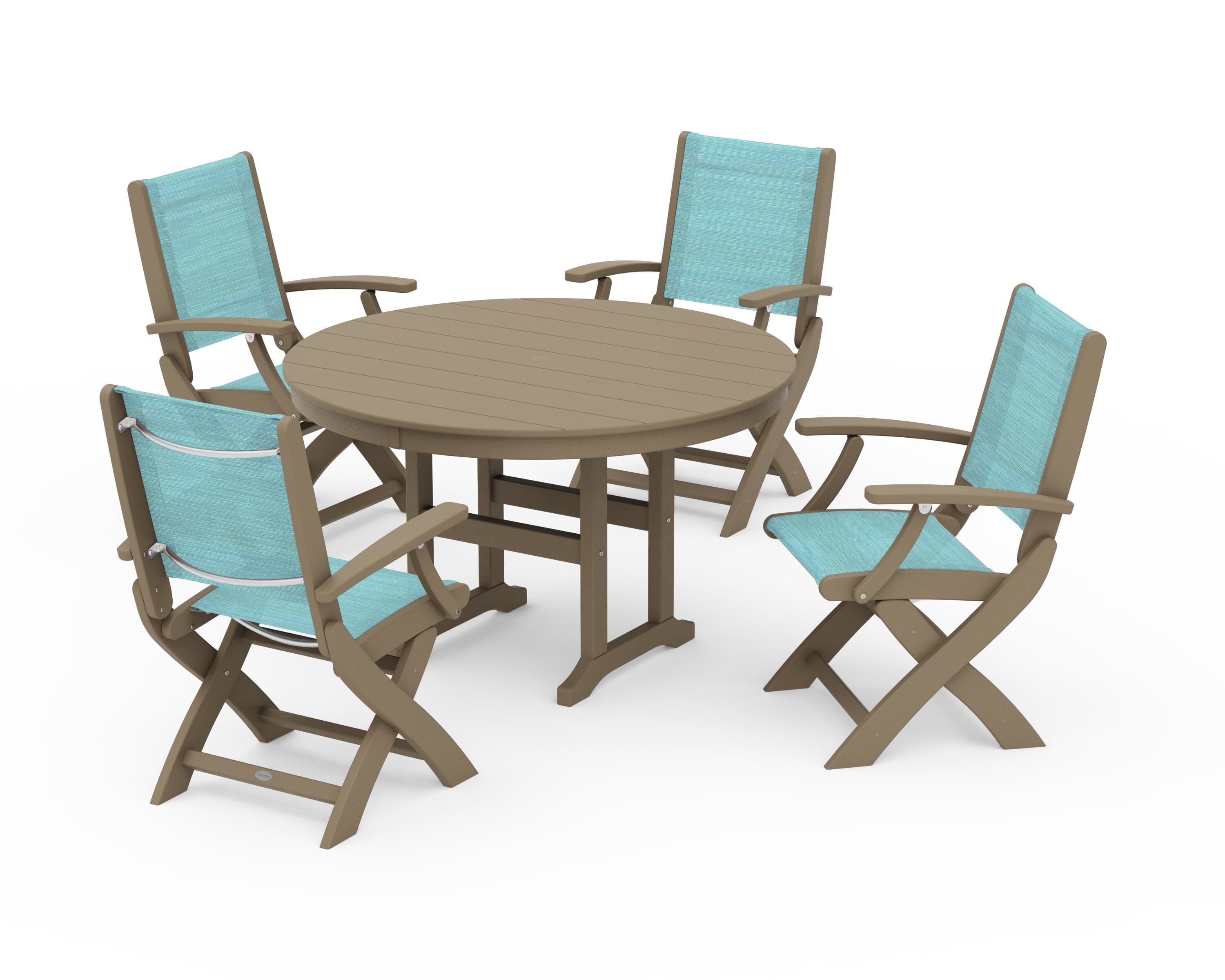 POLYWOOD Coastal Folding Chair 5-Piece Round Dining Set in Vintage Sahara / Dupioni Aquamarine Sling