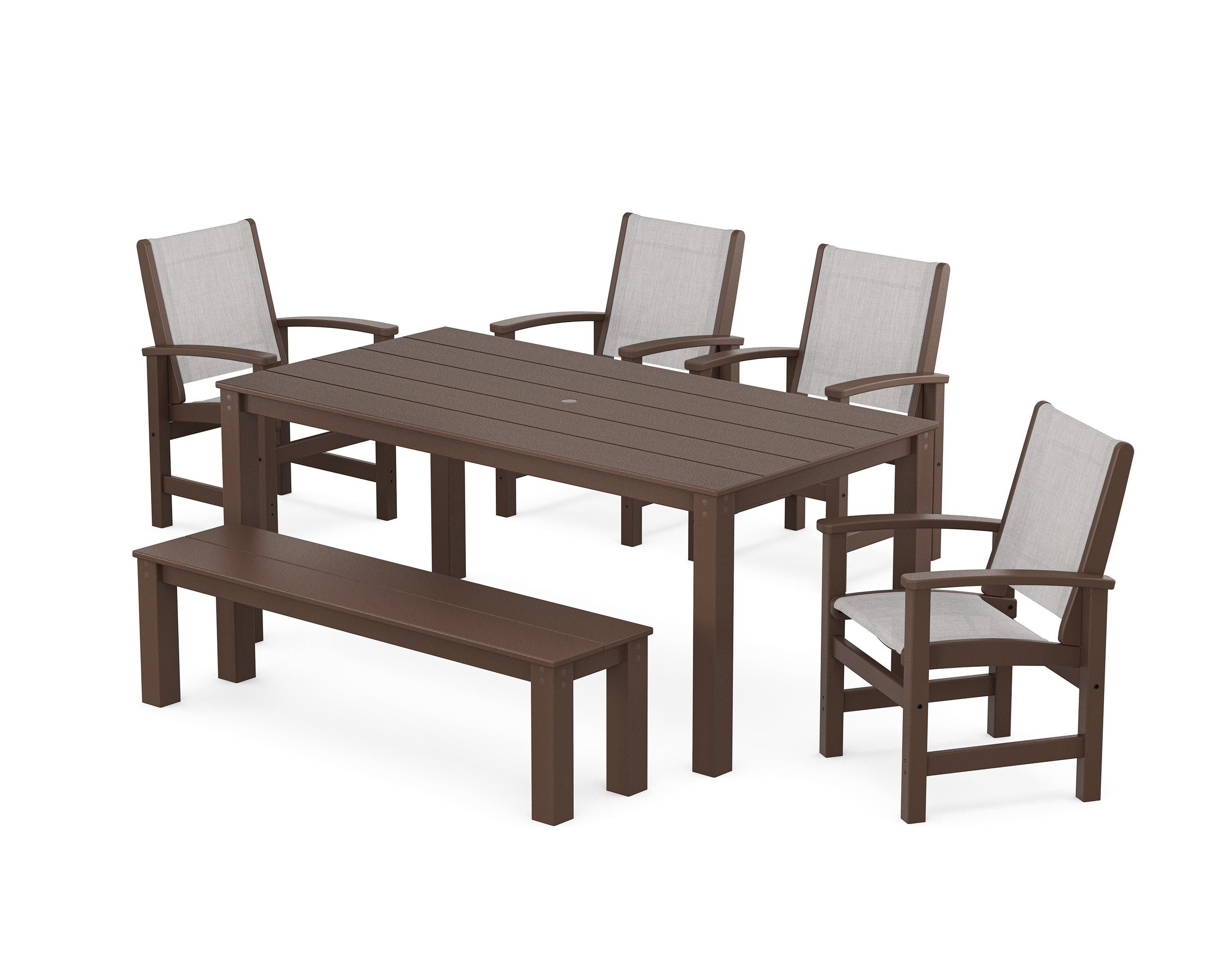 POLYWOOD Coastal 6-Piece Parsons Dining Set with Bench in Mahogany / Parchment Sling