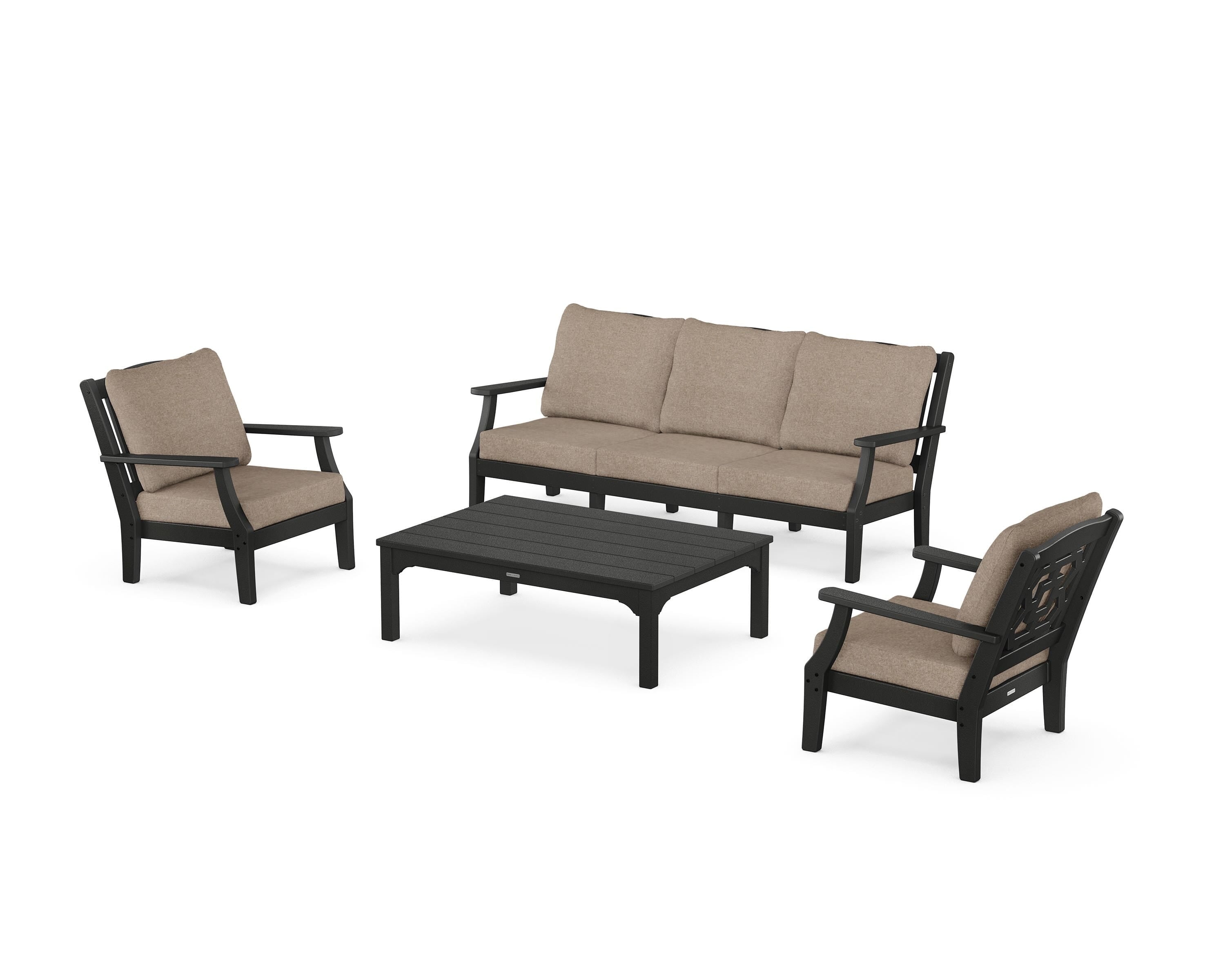 Martha Stewart by POLYWOOD Chinoiserie 4-Piece Deep Seating Set with Sofa in Black / Spiced Burlap