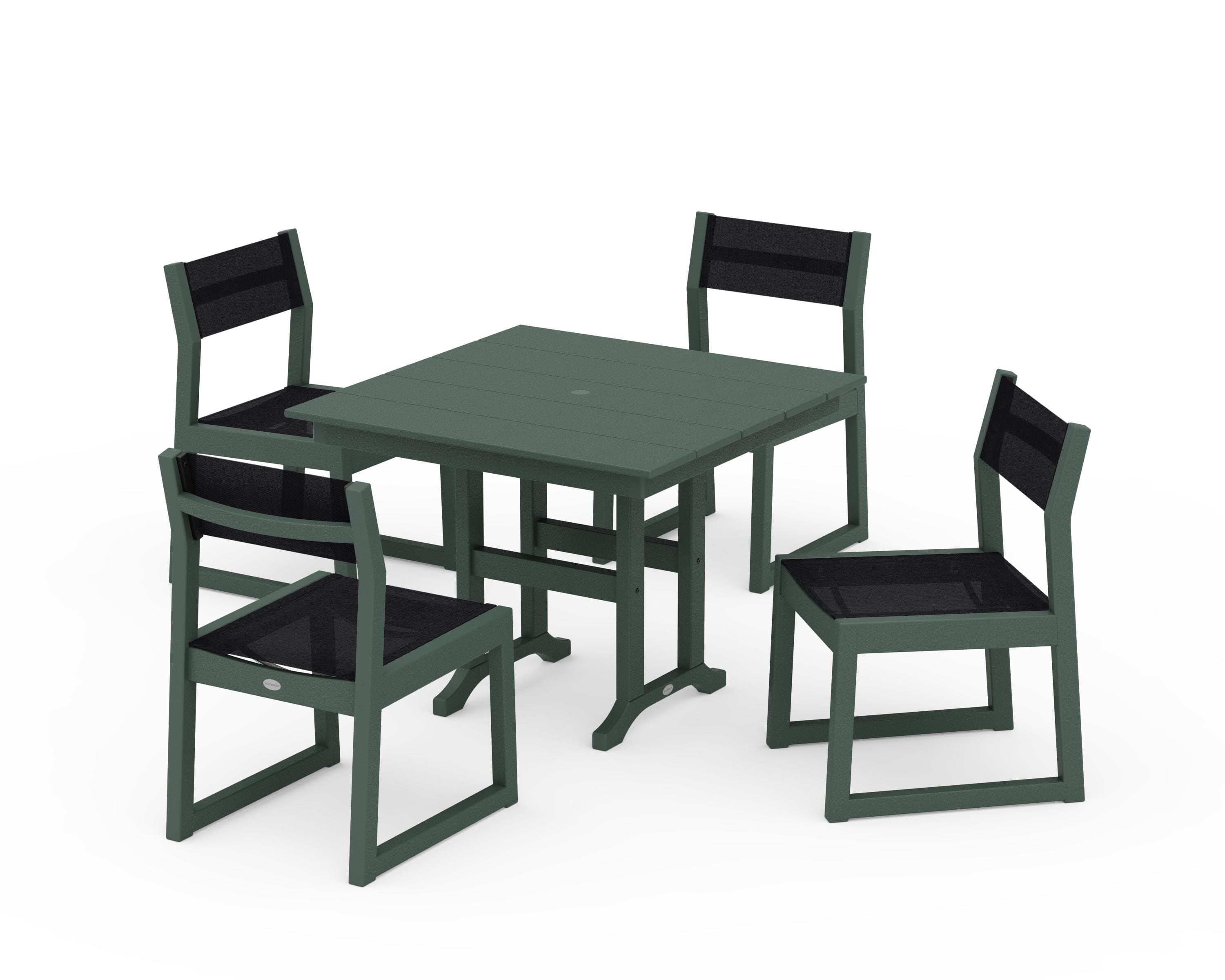POLYWOOD EDGE Sling Side Chair 5-Piece Farmhouse Dining Set in Green / Black Sling