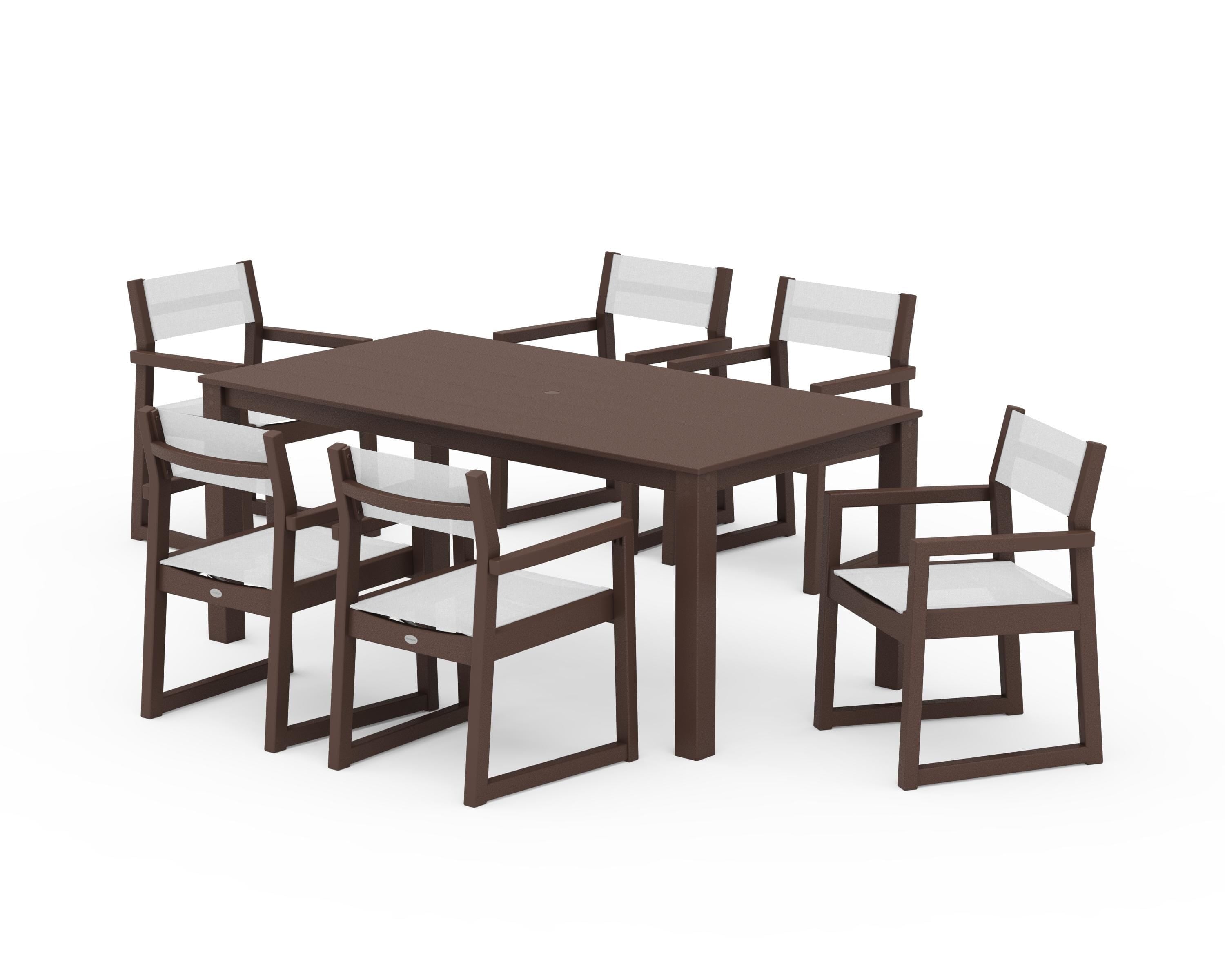 POLYWOOD EDGE Sling Arm Chair 7-Piece Parsons Dining Set in Mahogany / White Sling