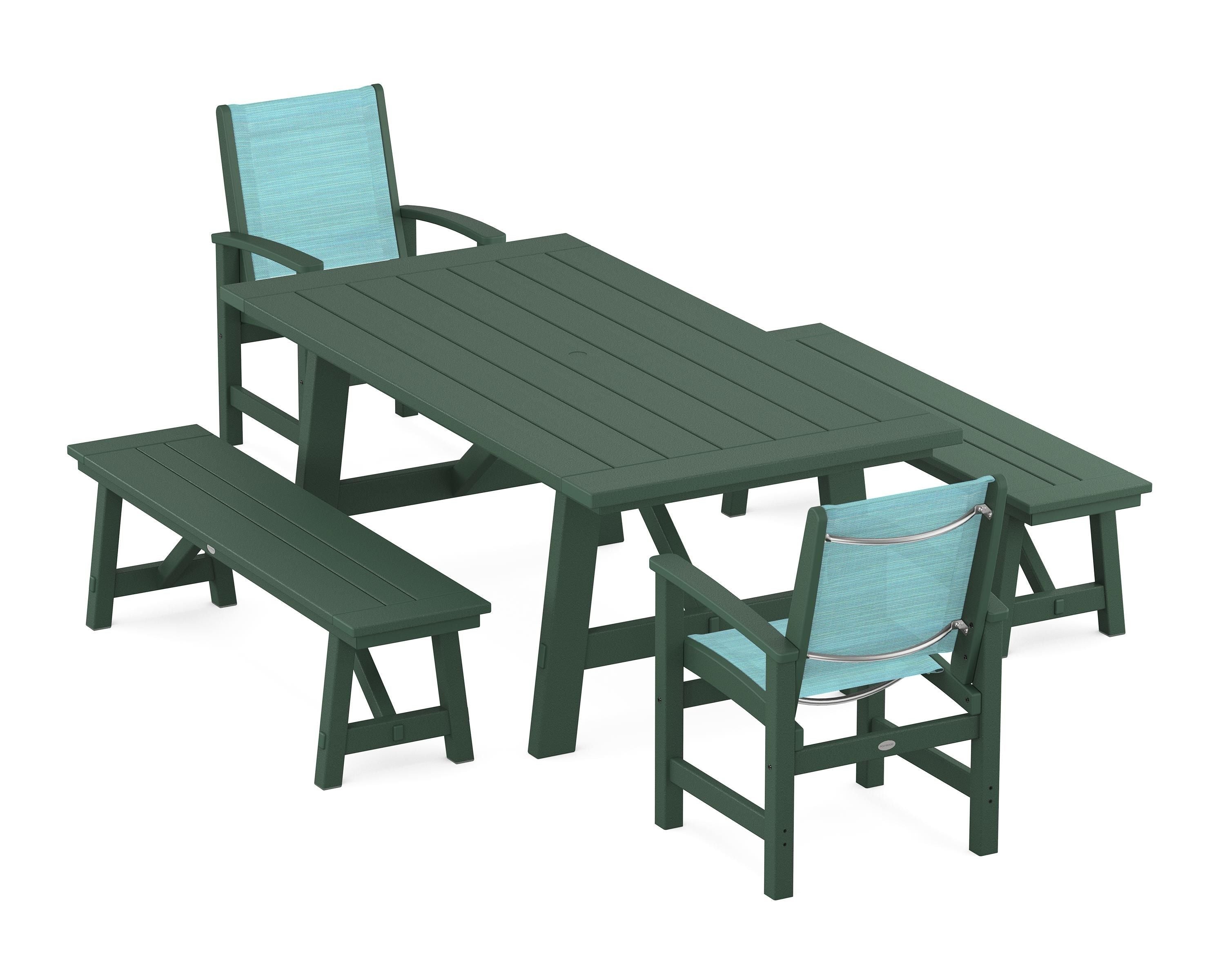 POLYWOOD Coastal 5-Piece Rustic Farmhouse Dining Set With Benches in Green / Dupioni Aquamarine Sling