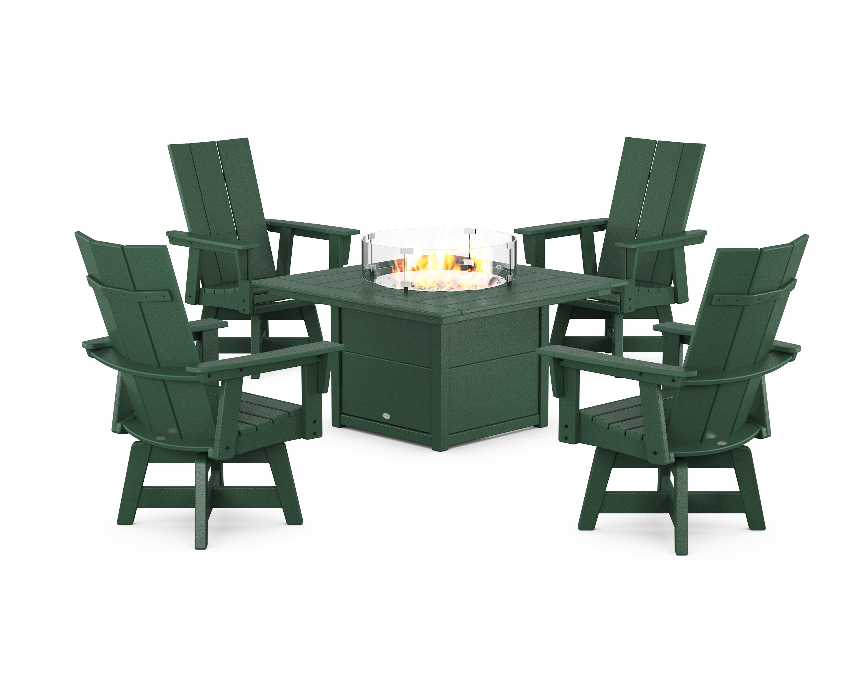 POLYWOOD® Modern 4-Piece Curveback Upright Adirondack Conversation Set with Fire Pit Table in Green