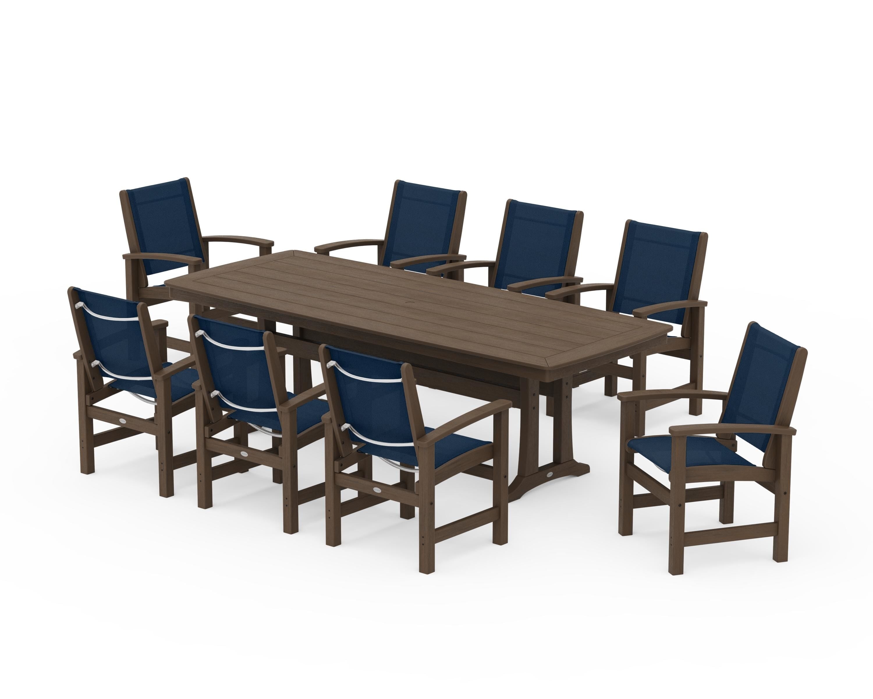 POLYWOOD Coastal 9-Piece Dining Set with Trestle Legs in Kona / Navy Blue Sling