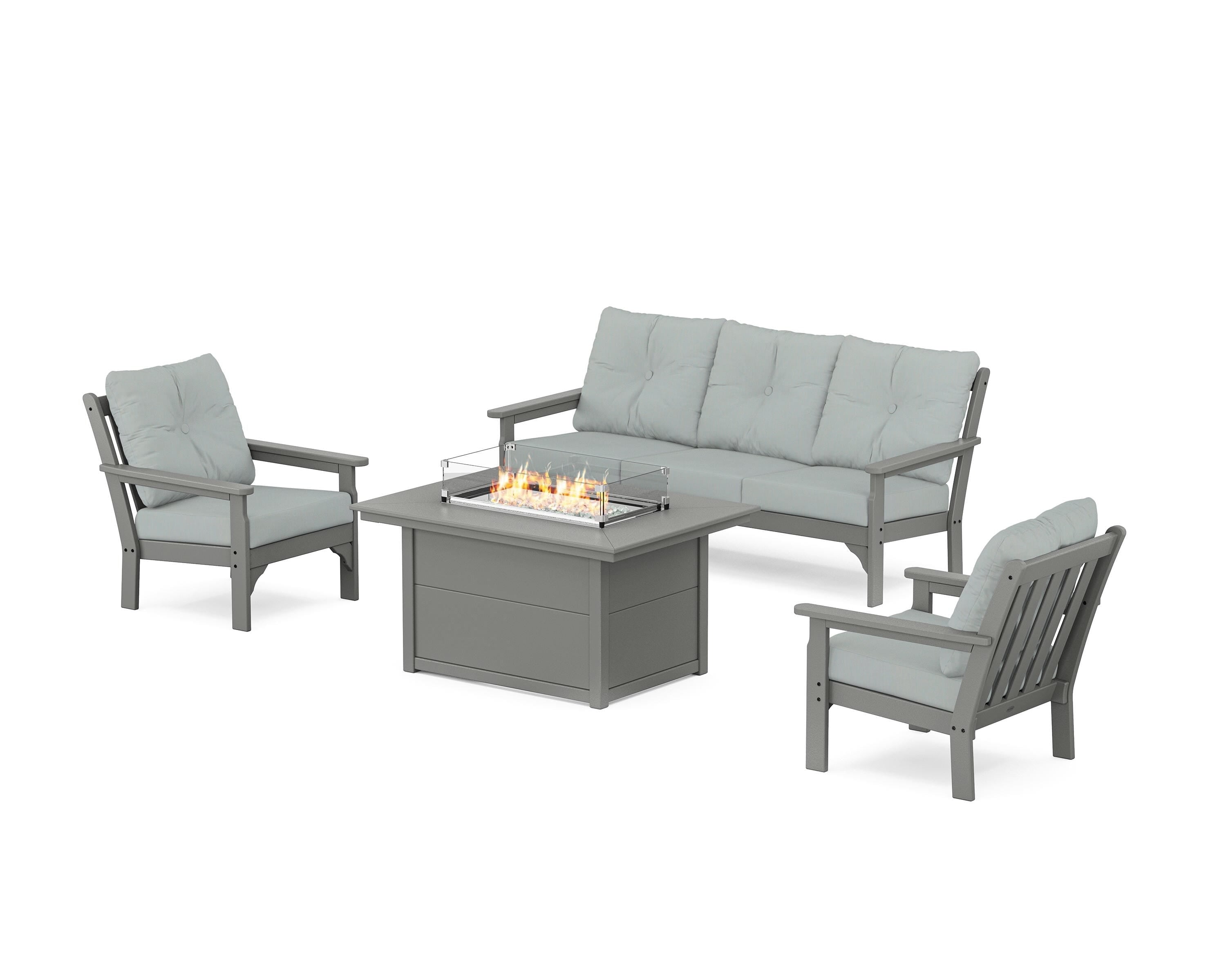 POLYWOOD Vineyard Deep Seating Fire Pit Table Set in Slate Grey / Spa