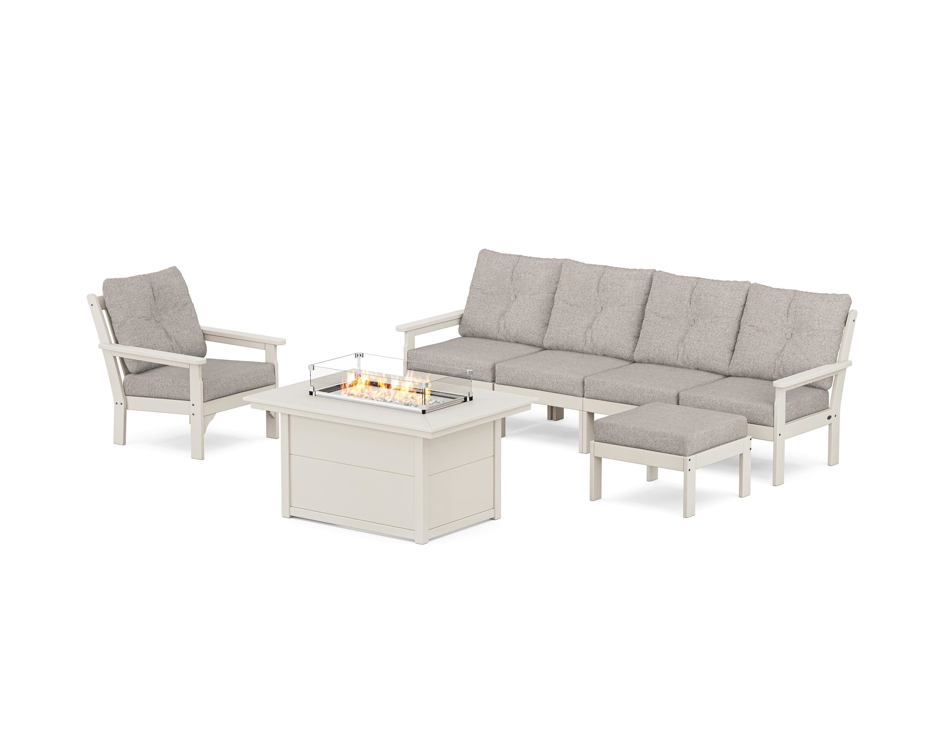 POLYWOOD Vineyard Sectional Lounge and Fire Pit Set in Sand / Weathered Tweed