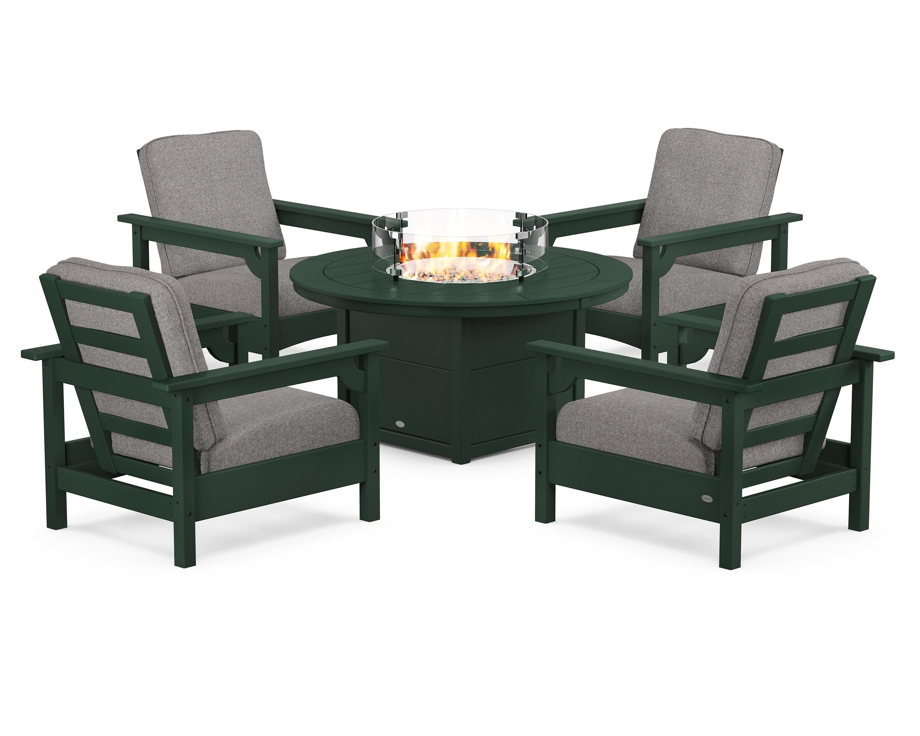 POLYWOOD Club 5-Piece Conversation Set with Fire Pit Table in Green / Grey Mist