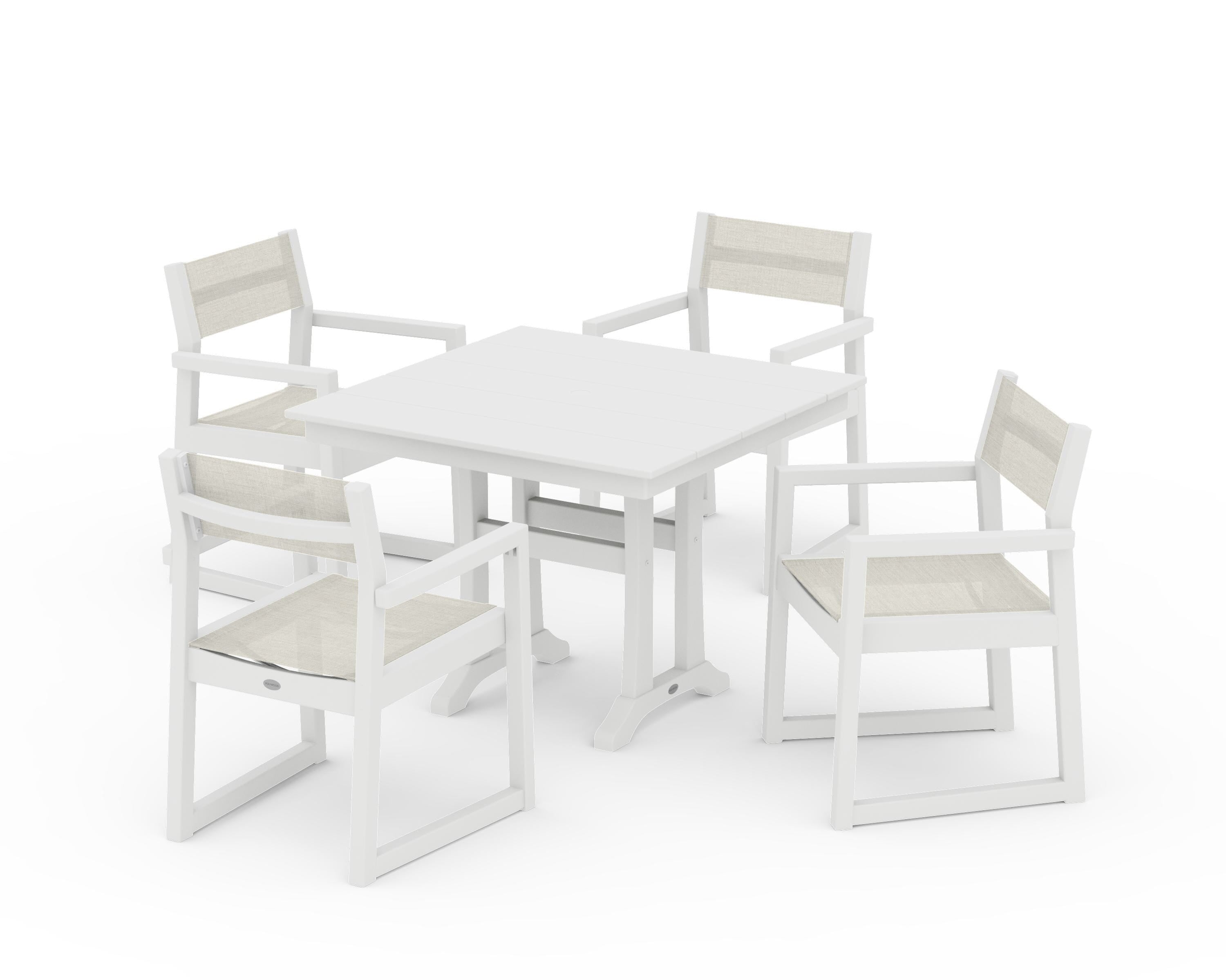 POLYWOOD EDGE Sling 5-Piece Farmhouse Dining Set with Trestle Legs in White / Parchment Sling