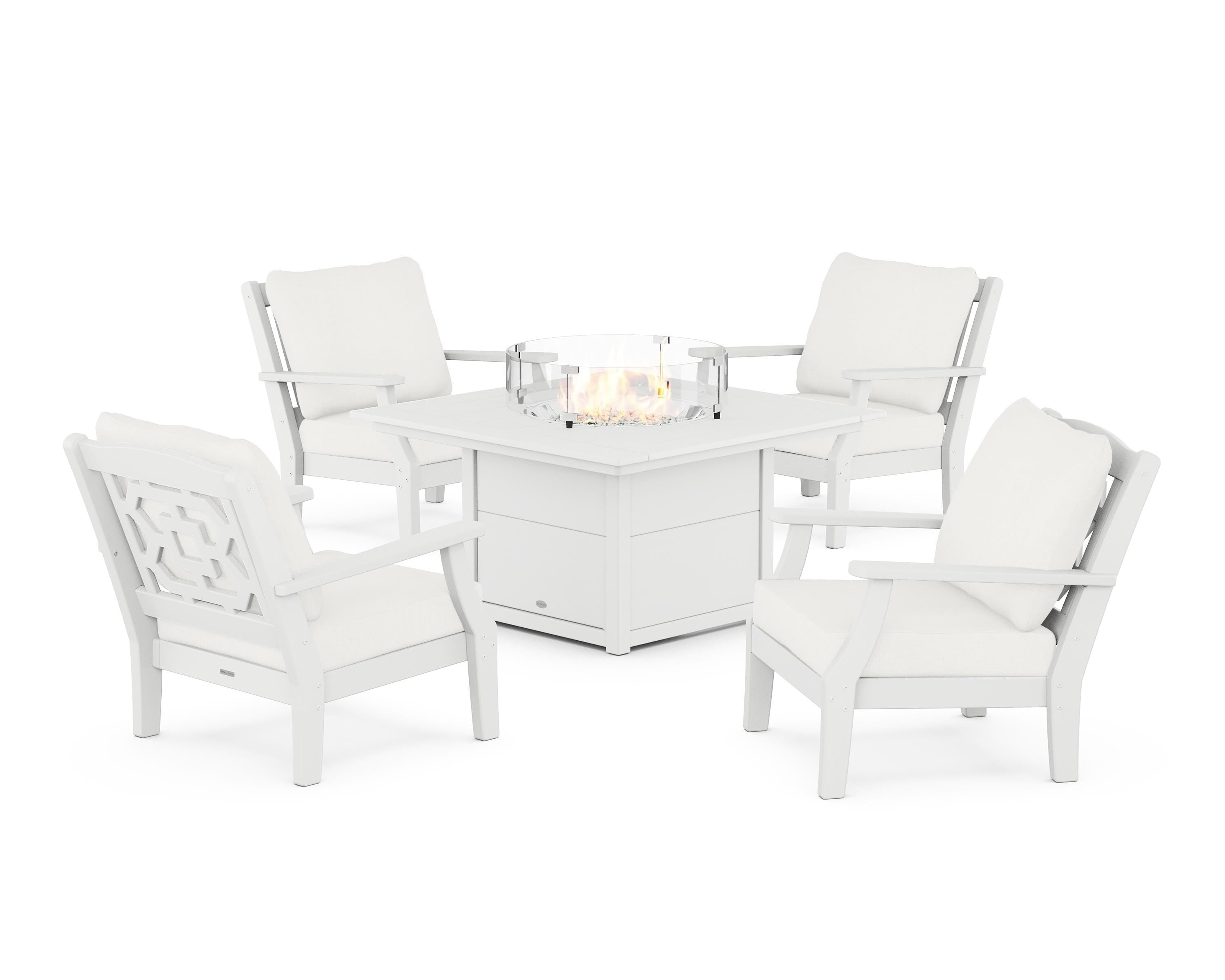 Martha Stewart by POLYWOOD Chinoiserie 5-Piece Deep Seating Set with Fire Pit Table in White / Natural Linen