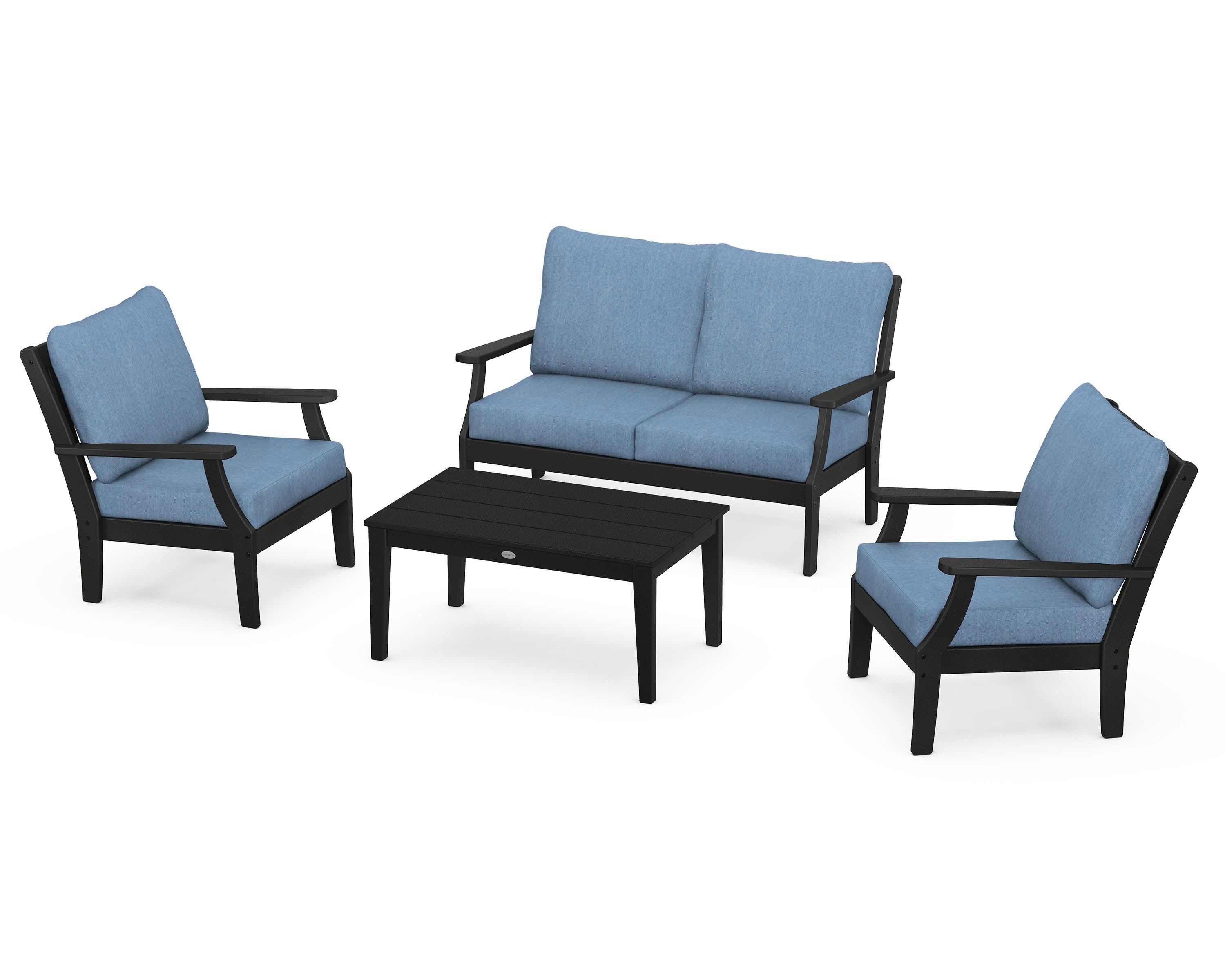 POLYWOOD Braxton 4-Piece Deep Seating Chair Set in Black / Sky Blue