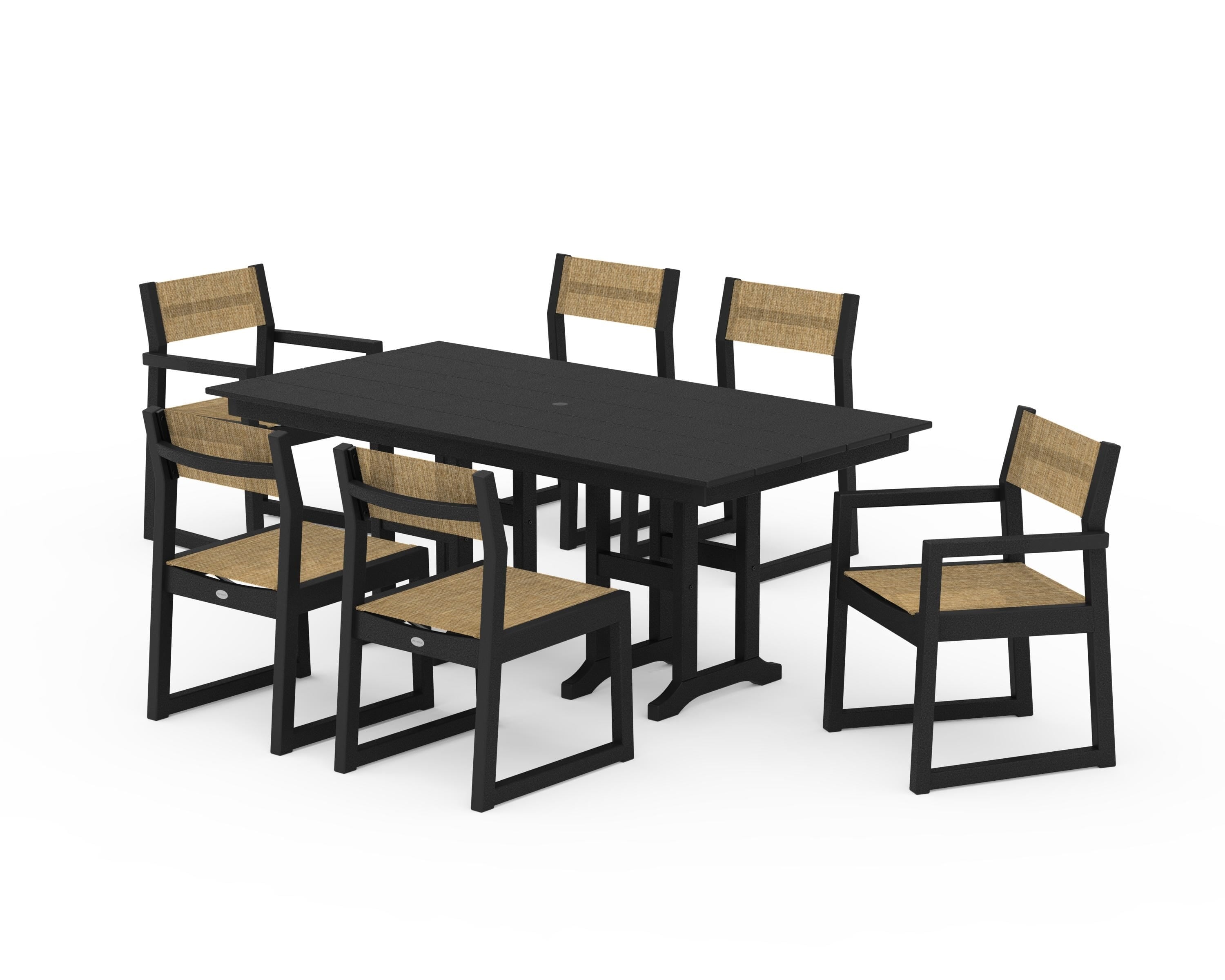 POLYWOOD EDGE Sling 7-Piece Farmhouse Dining Set in Black / Burlap Sling