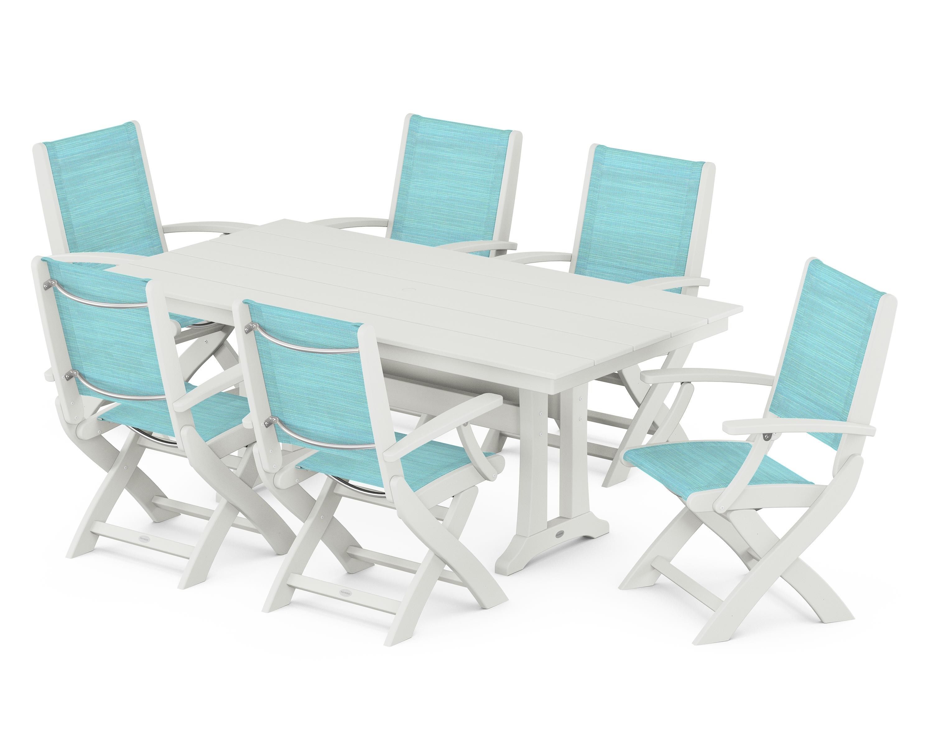 POLYWOOD Coastal Folding Arm Chair 7-Piece Farmhouse Dining Set with Trestle Legs in Vintage White / Dupioni Aquamarine Sling