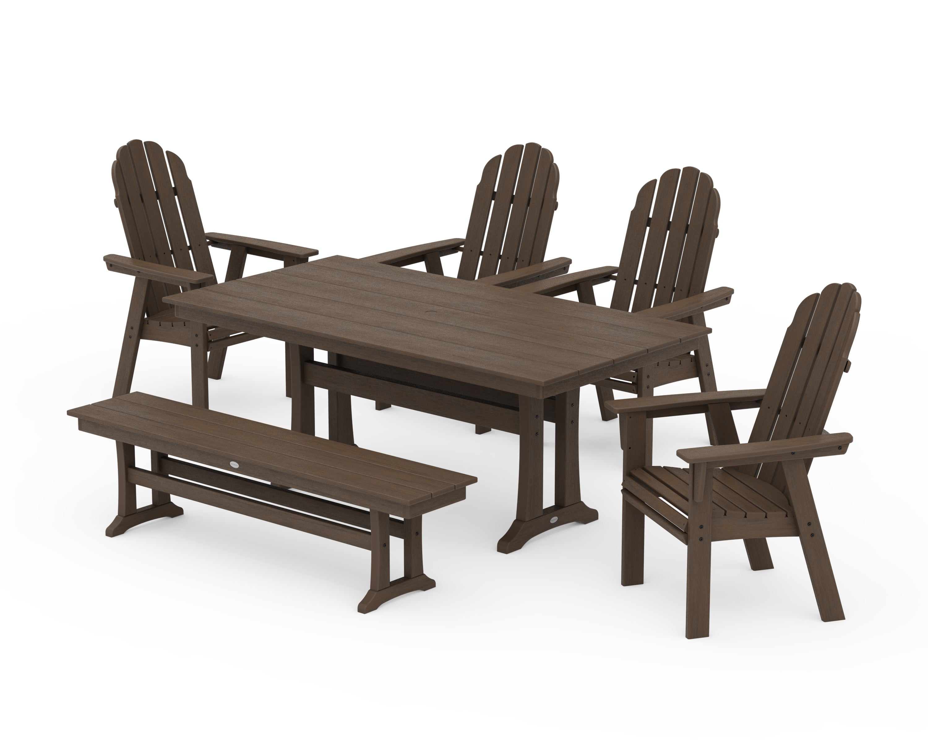 POLYWOOD Vineyard Curveback Adirondack Chair 6-Piece Farmhouse Dining Set with Trestle Legs and Bench in Kona