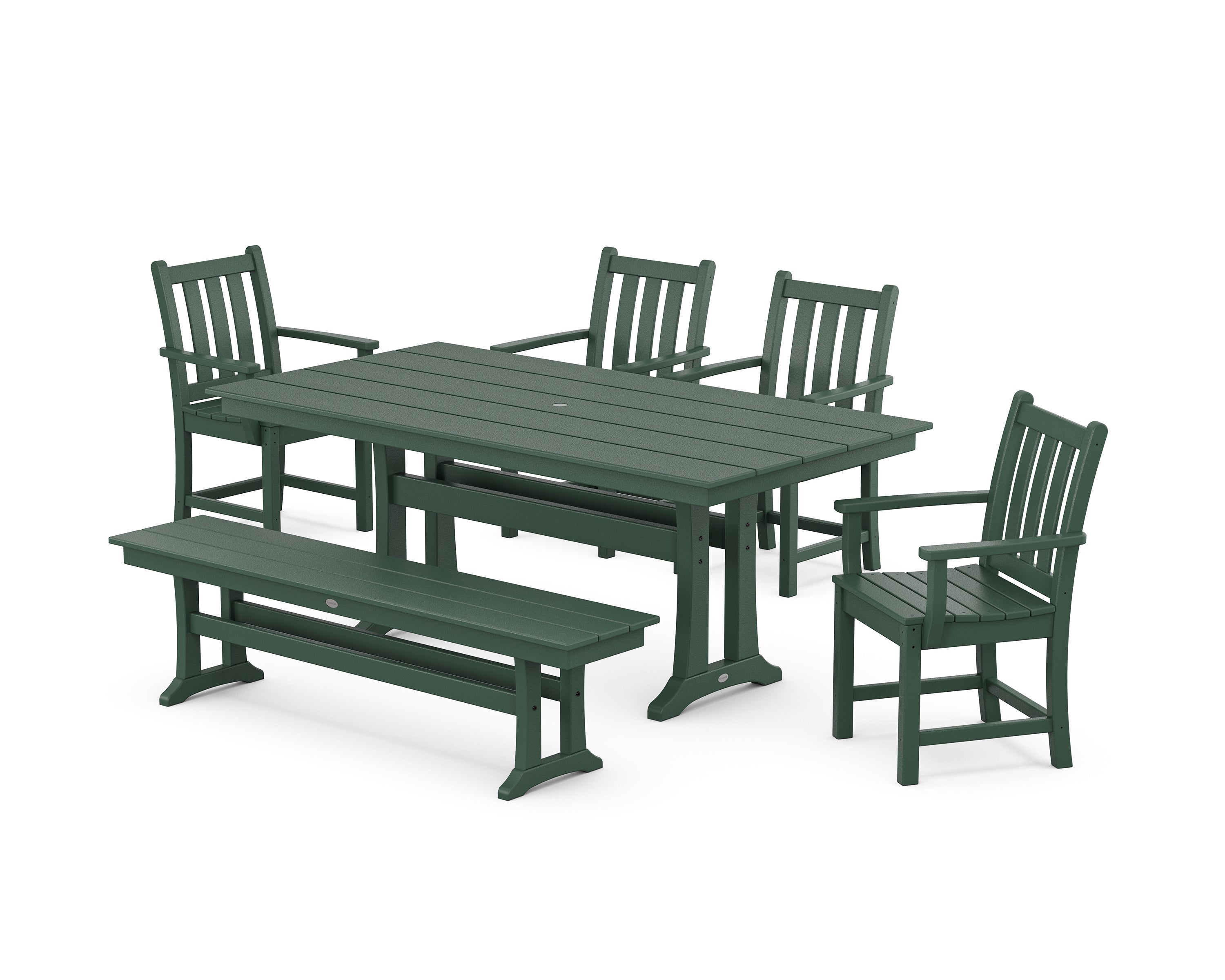 POLYWOOD® Traditional Garden Arm Chair 6-Piece Farmhouse Dining Set with Trestle Legs and Bench in Green