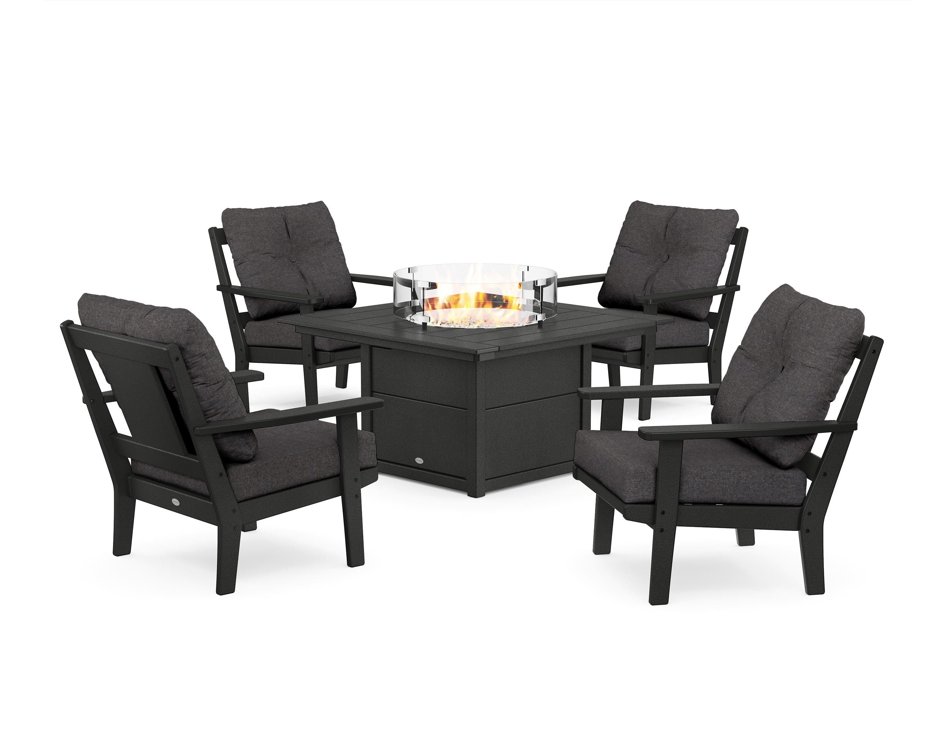 POLYWOOD Prairie 5-Piece Deep Seating Set with Fire Pit Table in Black / Ash Charcoal