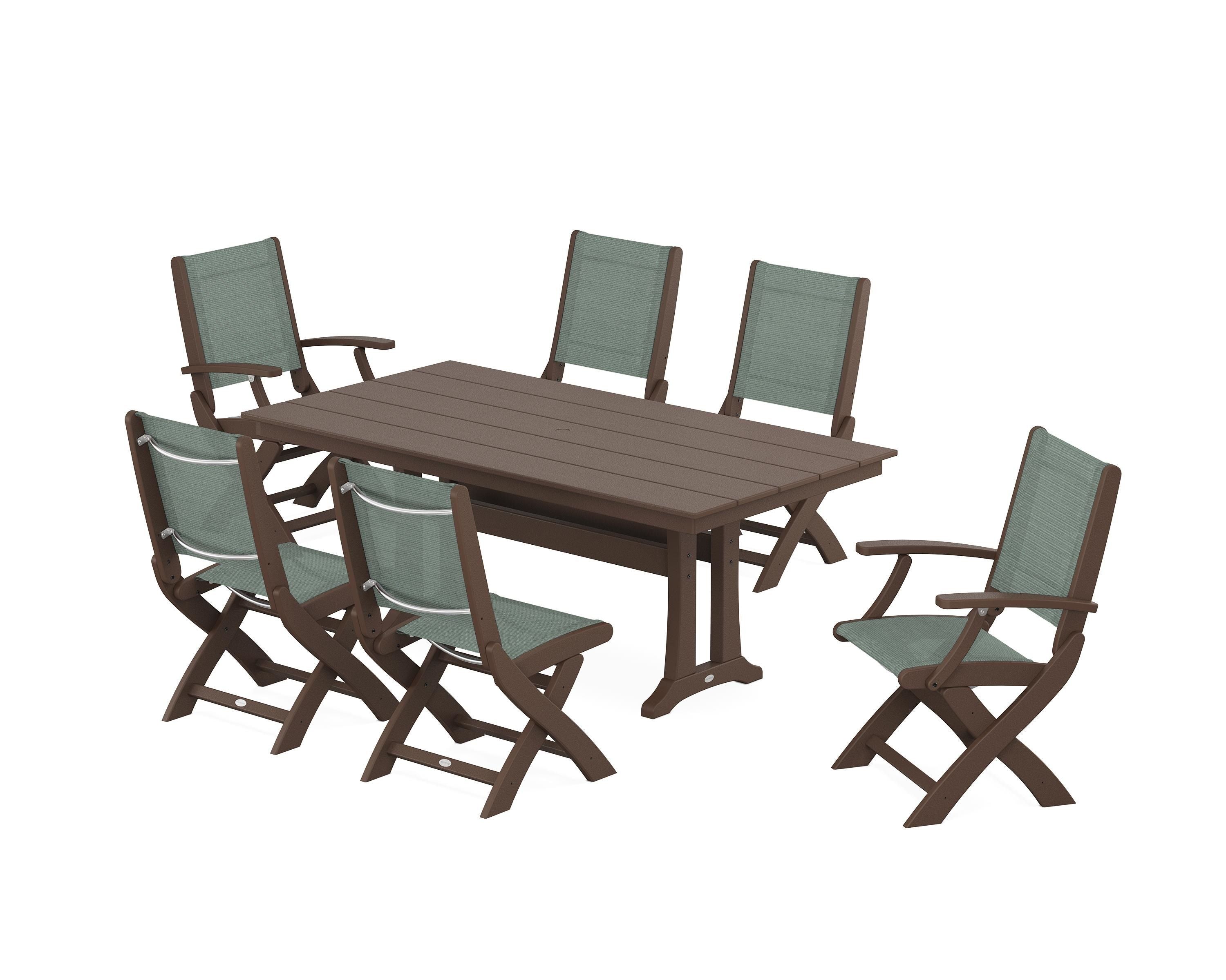 POLYWOOD Coastal Folding Chair 7-Piece Farmhouse Dining Set with Trestle Legs in Mahogany / Dupioni Sea Mist Sling
