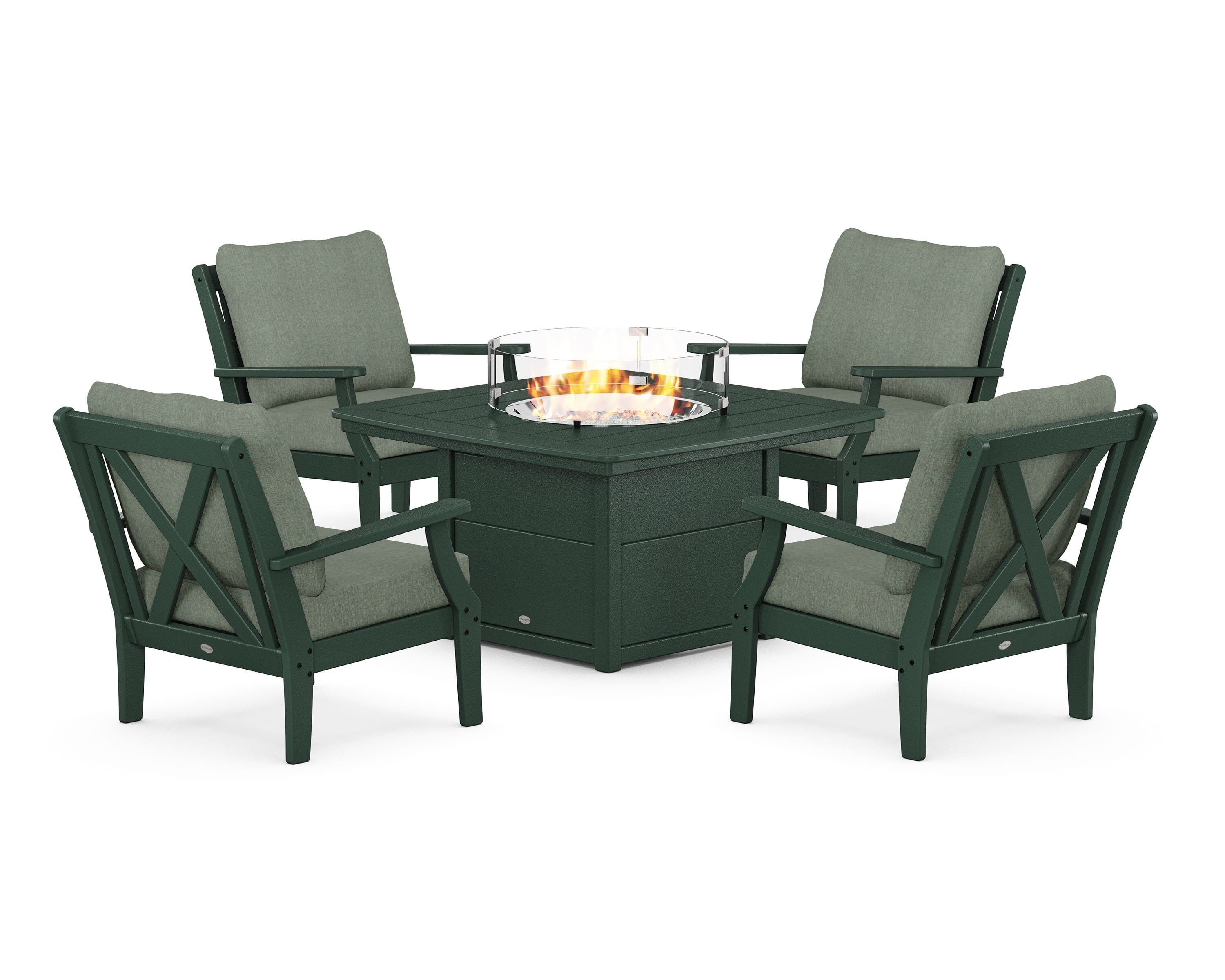 POLYWOOD Braxton 5-Piece Deep Seating Conversation Set with Fire Pit Table in Green / Cast Sage