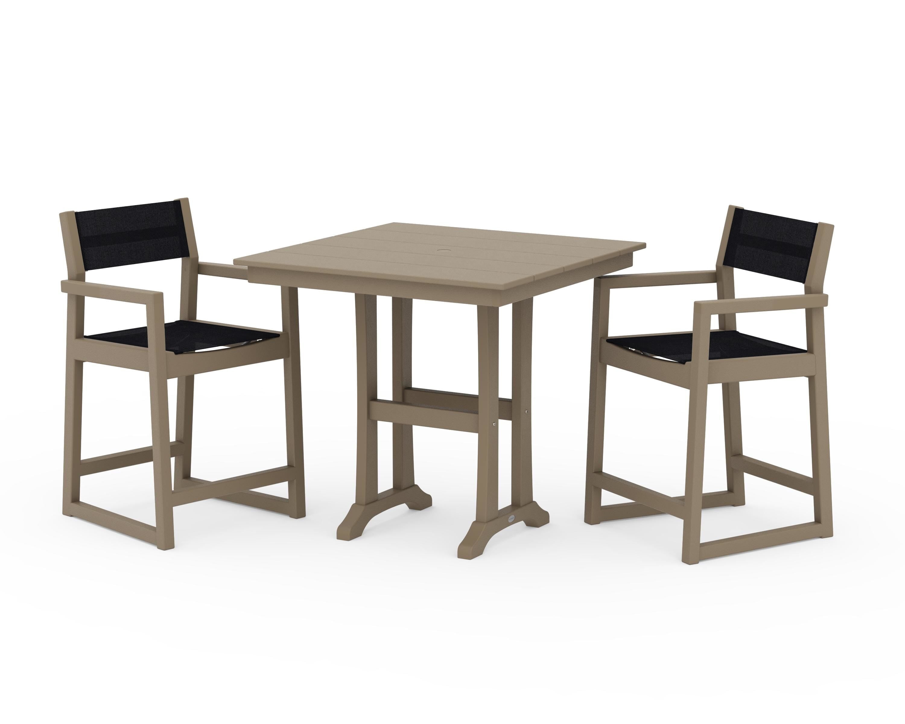 POLYWOOD EDGE Sling Arm Chair 3-Piece Farmhouse Counter Set with Trestle Legs in Vintage Sahara / Black Sling
