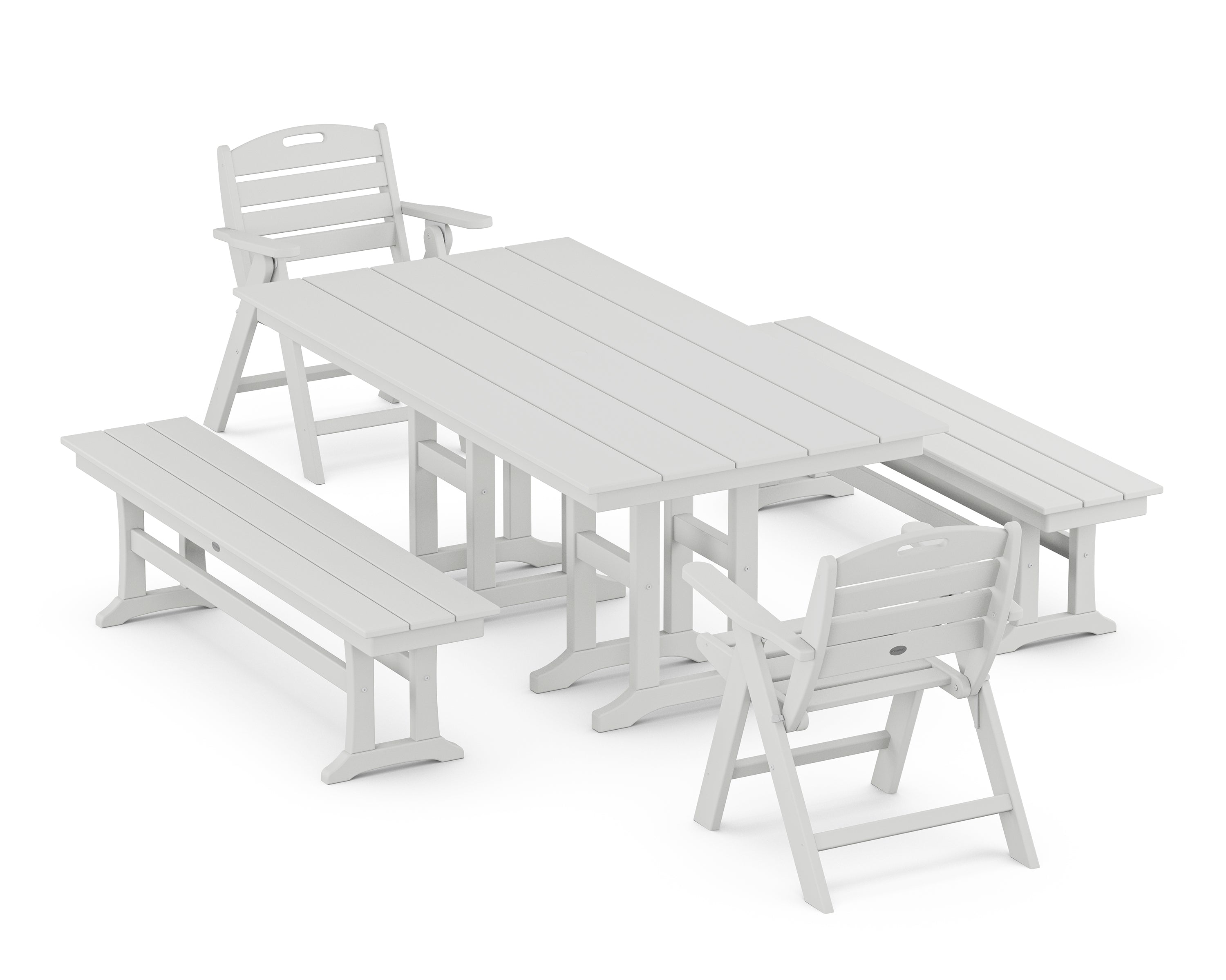 POLYWOOD Nautical Lowback 5-Piece Farmhouse Dining Set with Benches in White