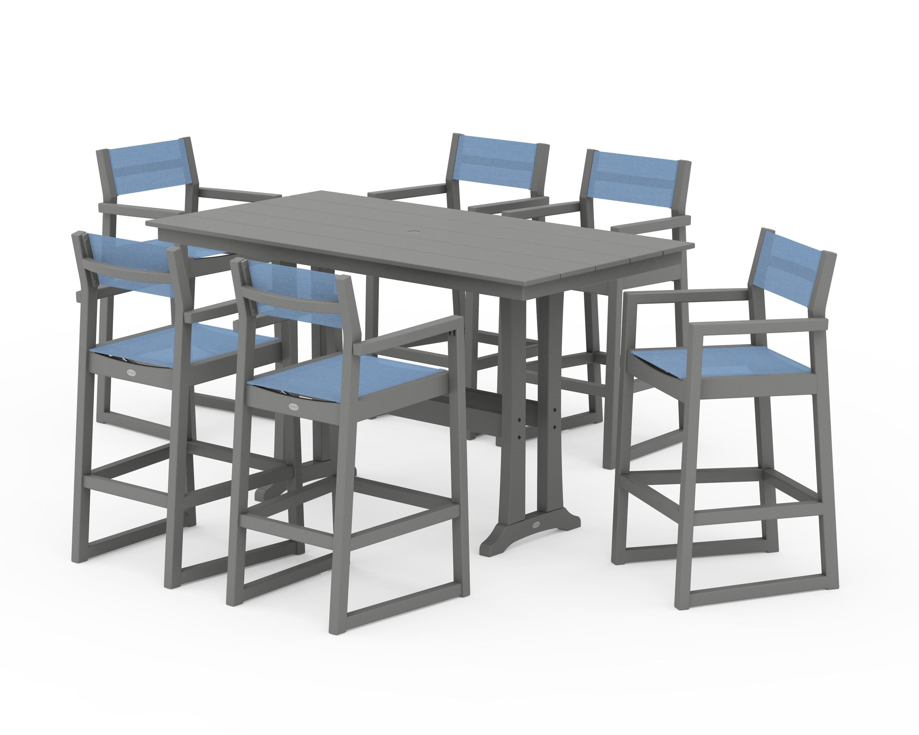 POLYWOOD EDGE Sling Arm Chair 7-Piece Farmhouse Bar Set with Trestle Legs in Slate Grey / Poolside Sling