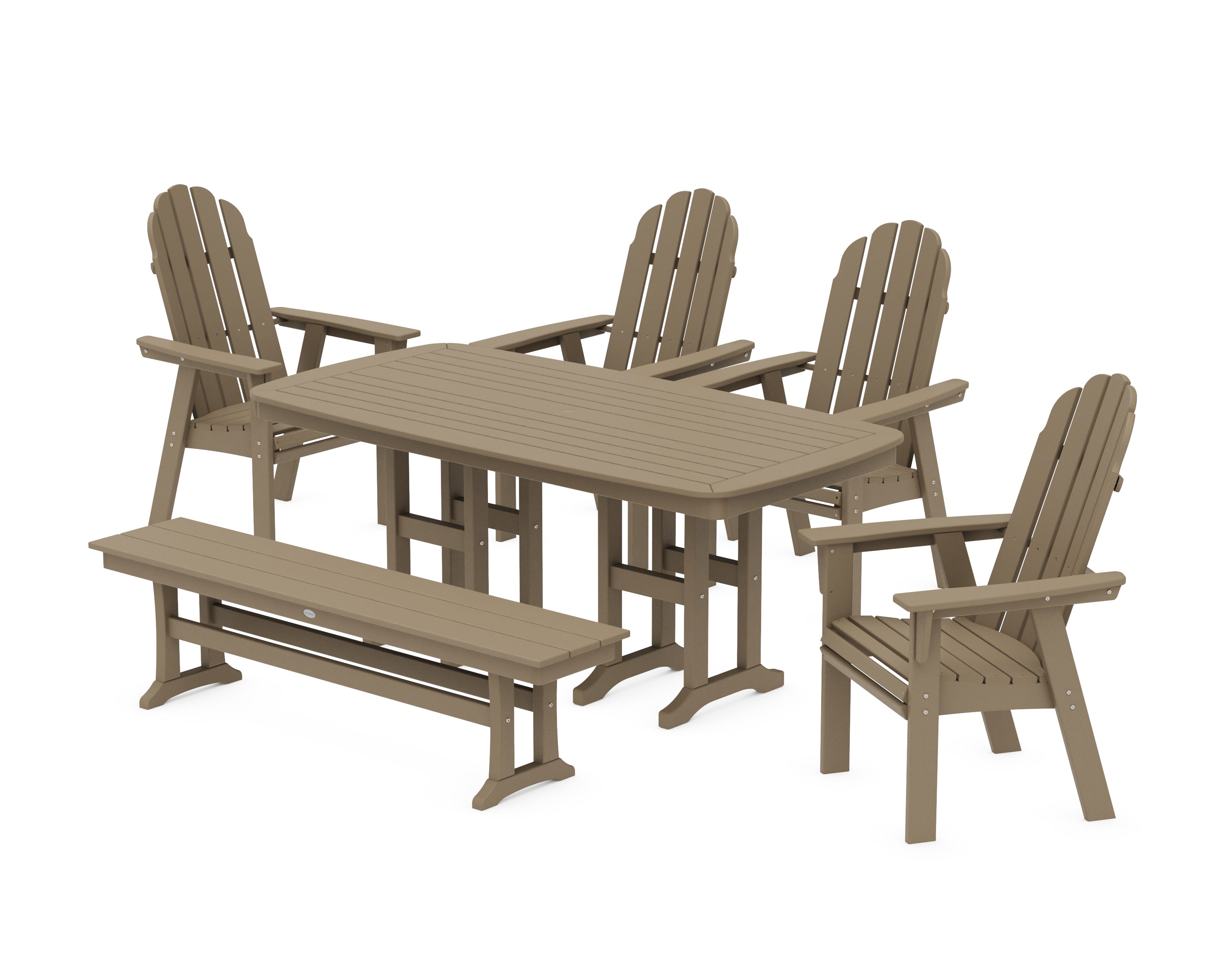 POLYWOOD Vineyard Curveback Adirondack Chair 6-Piece Dining Set with Bench in Vintage Sahara