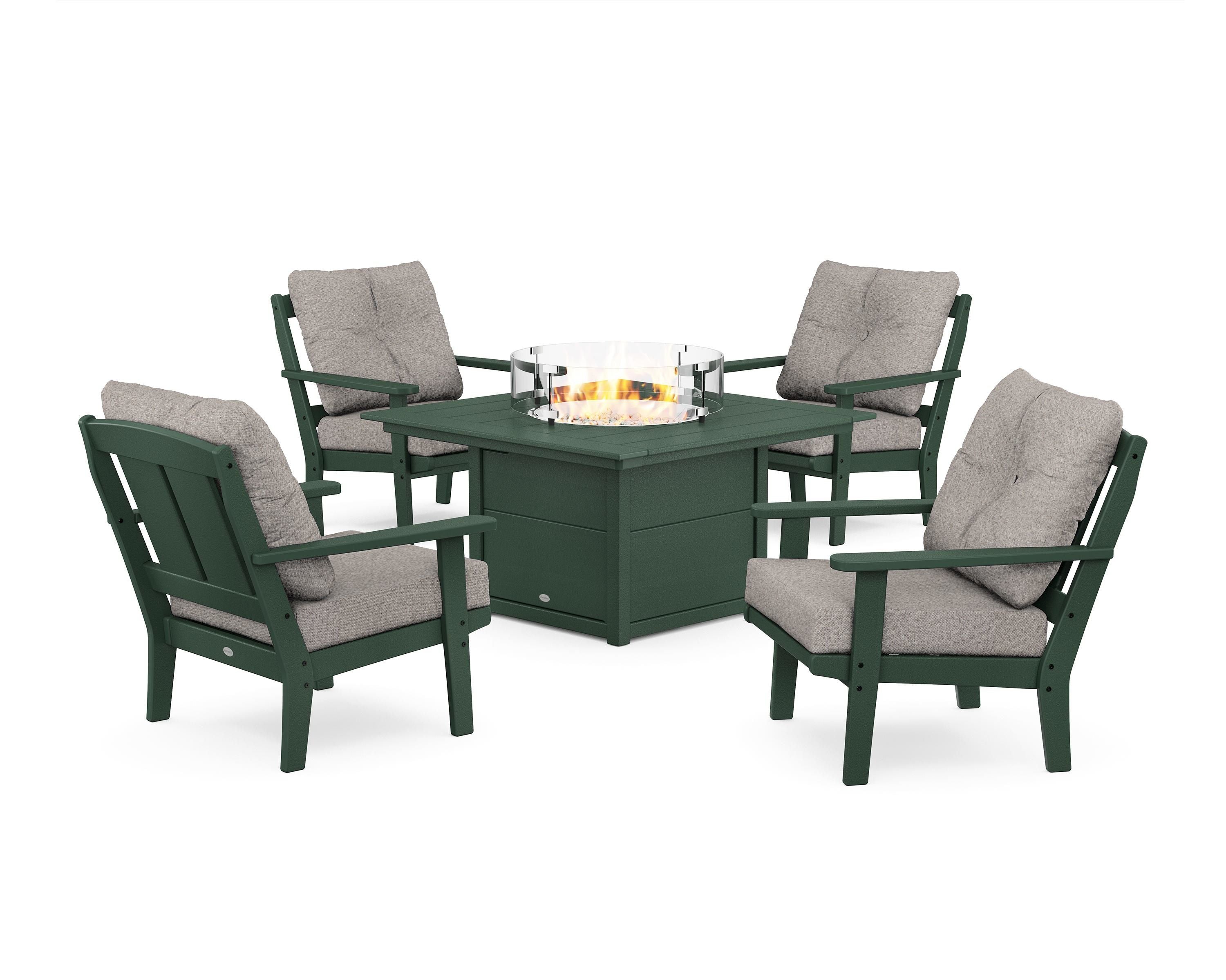POLYWOOD Mission 5-Piece Deep Seating Set with Fire Pit Table in Green / Weathered Tweed