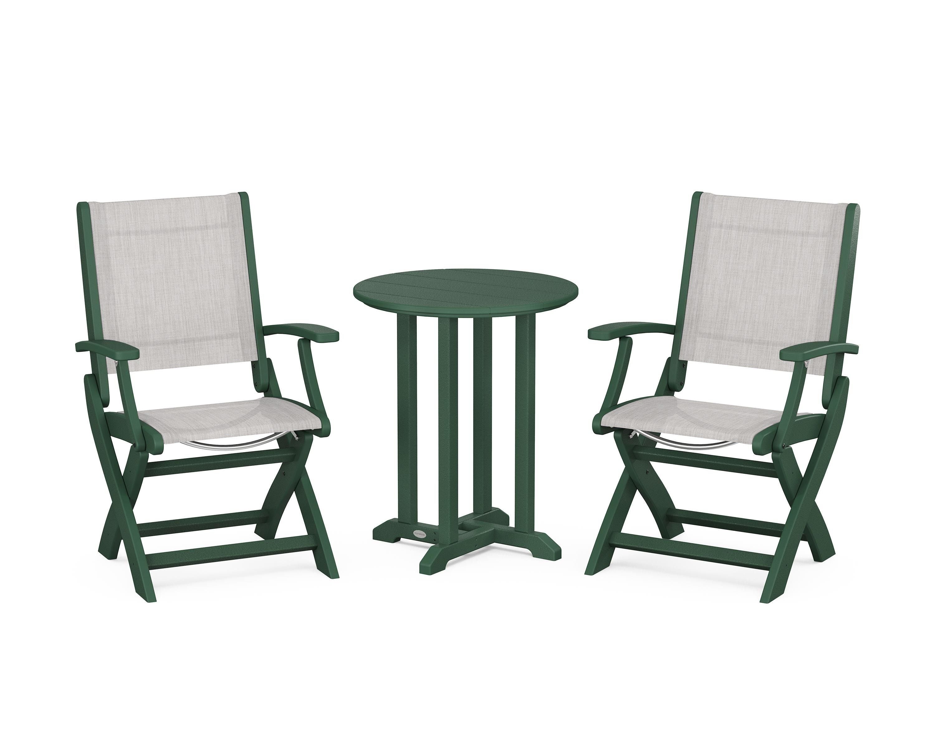 POLYWOOD Coastal Folding 3-Piece Round Bistro Dining Set in Green / Parchment Sling