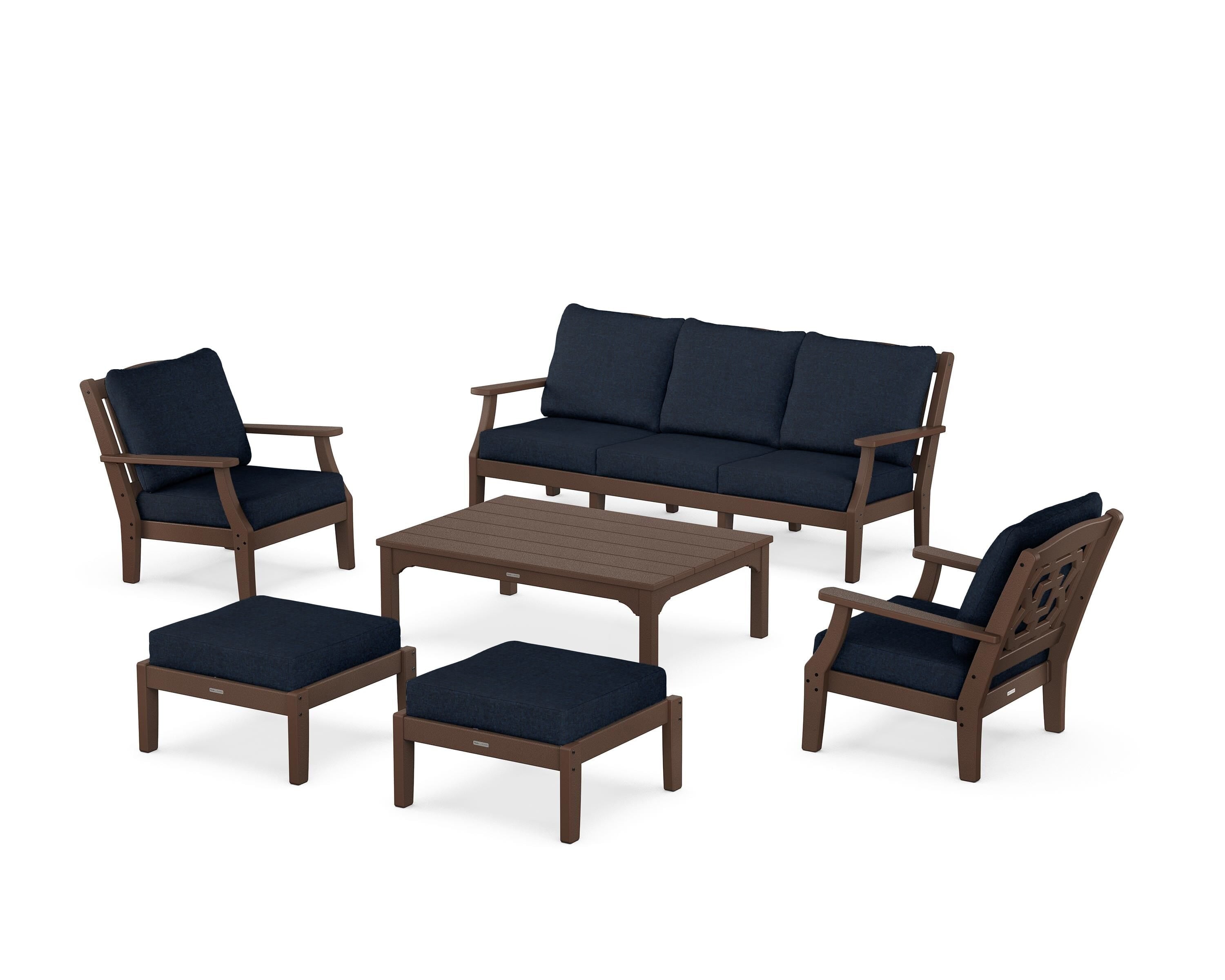 Martha Stewart by POLYWOOD Chinoiserie 6-Piece Lounge Sofa Set in Mahogany / Marine Indigo
