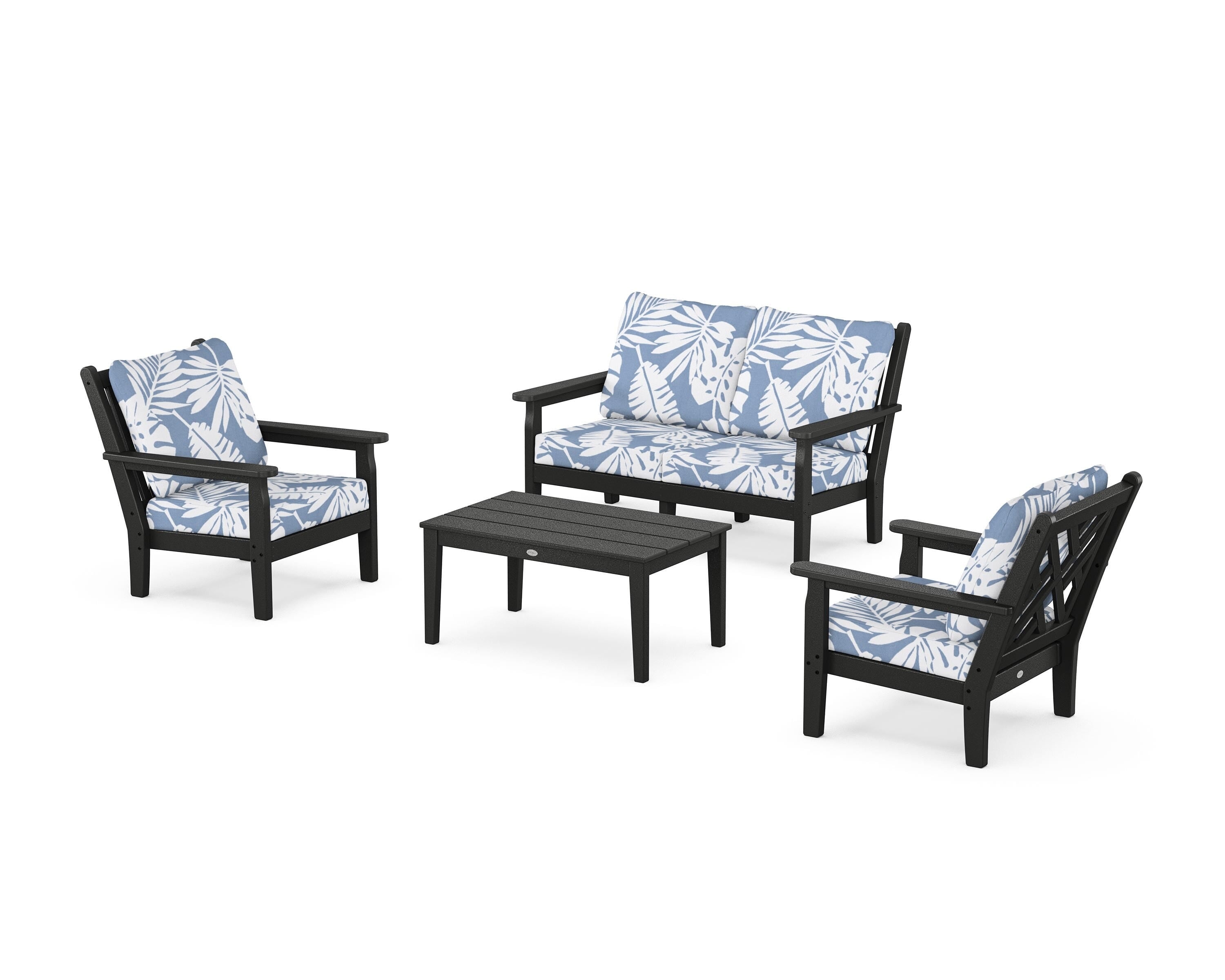 POLYWOOD Chippendale 4-Piece Deep Seating Set with Loveseat in Black / Leaf Sky Blue