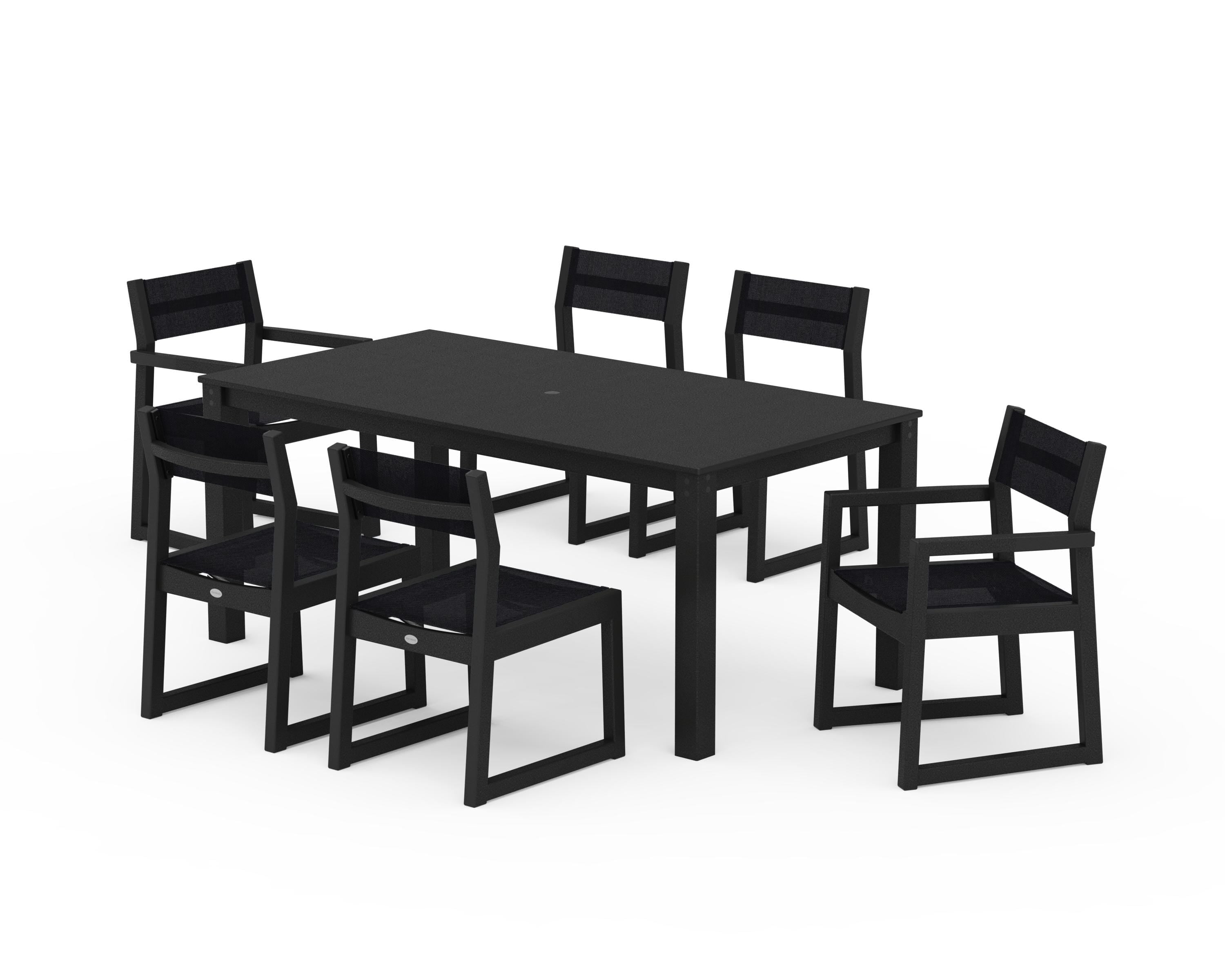 POLYWOOD EDGE Sling 7-Piece Parsons Dining Set in Black / Black Sling