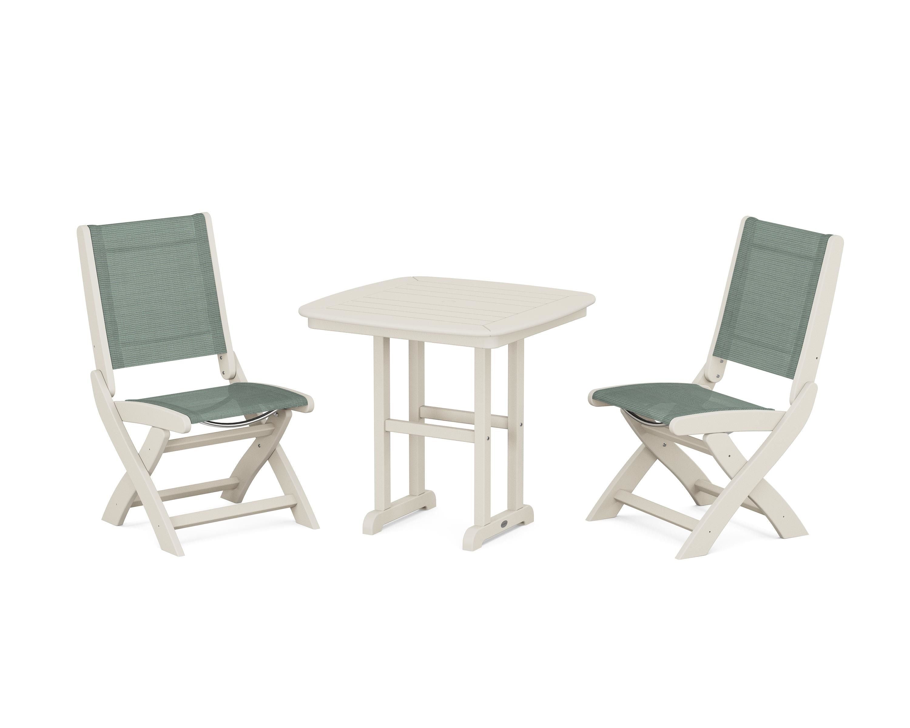 POLYWOOD Coastal Folding Side Chair 3-Piece Dining Set in Sand / Dupioni Sea Mist Sling