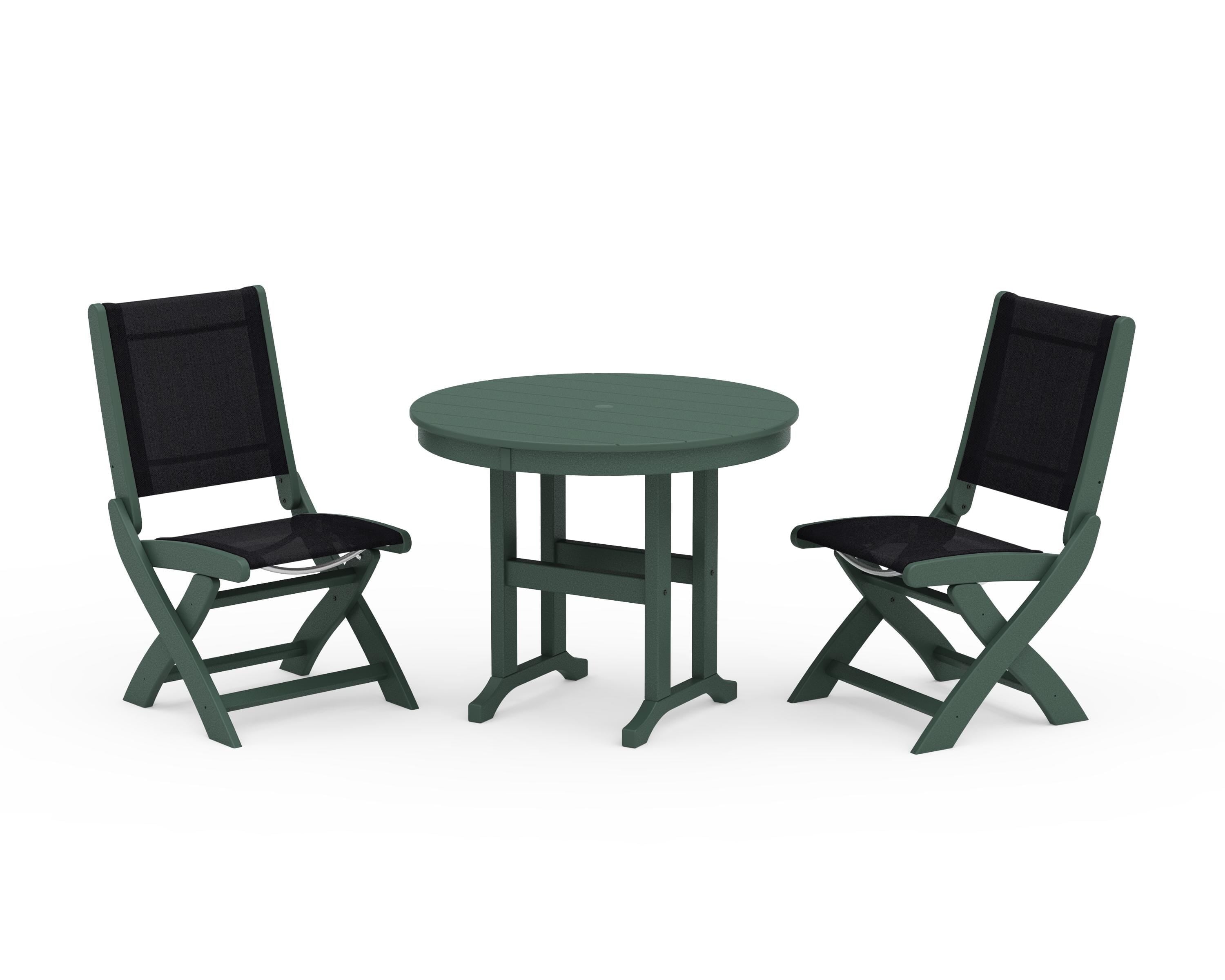 POLYWOOD Coastal Folding Side Chair 3-Piece Round Dining Set in Green / Black Sling