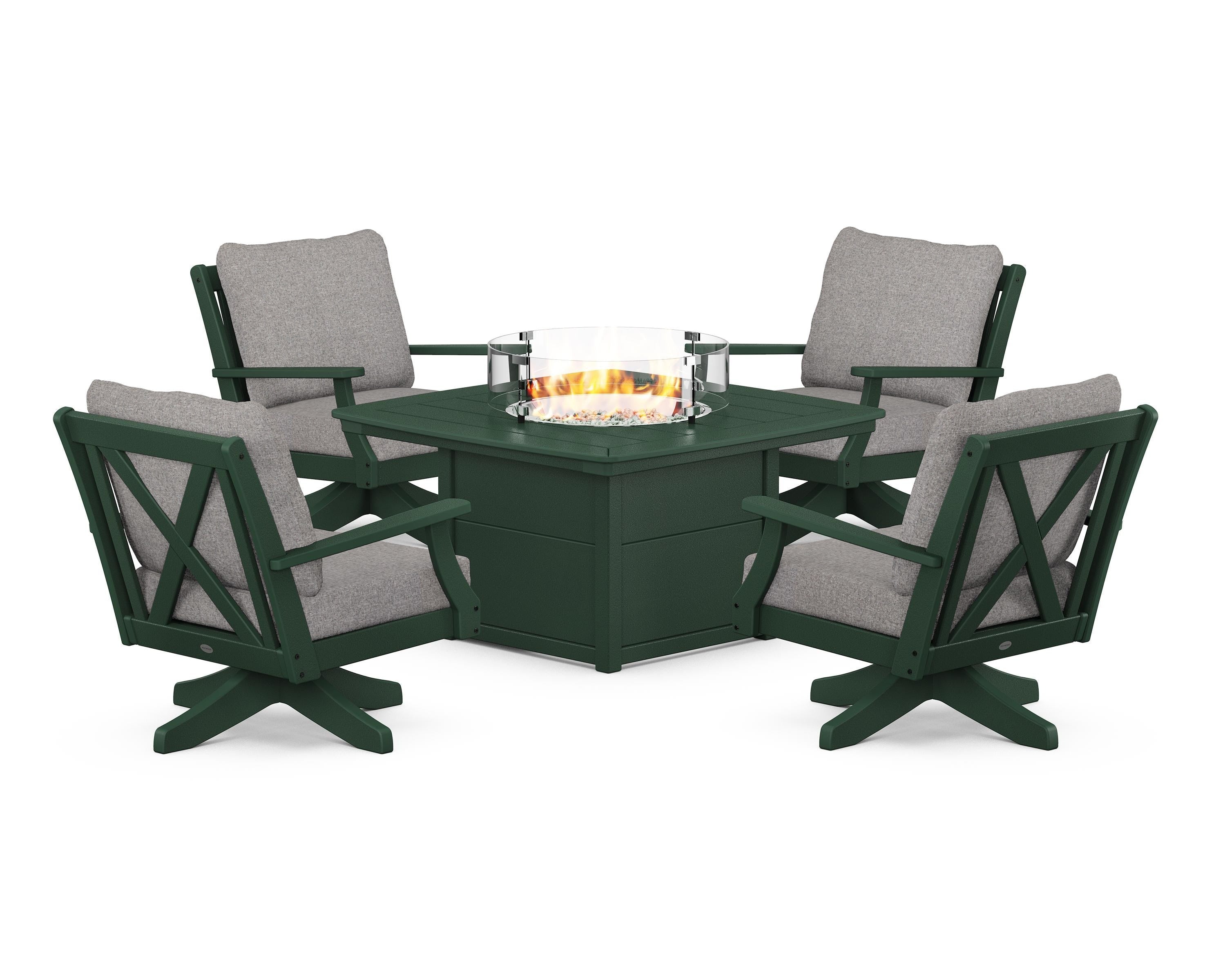 POLYWOOD Braxton 5-Piece Deep Seating Swivel Conversation Set with Fire Pit Table in Green / Grey Mist