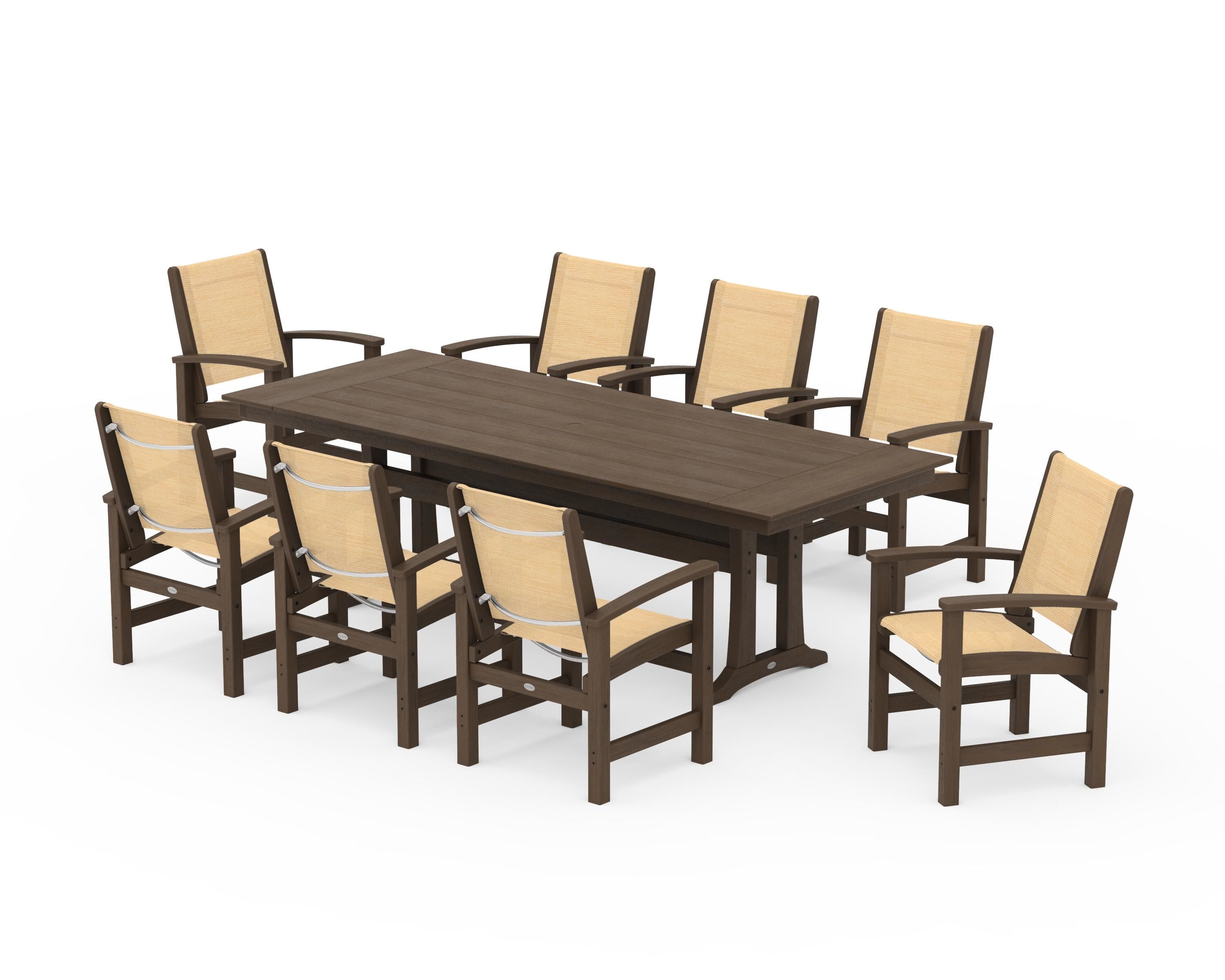 POLYWOOD Coastal 9-Piece Farmhouse Dining Set with Trestle Legs in Kona / Dupioni Apricot Sling