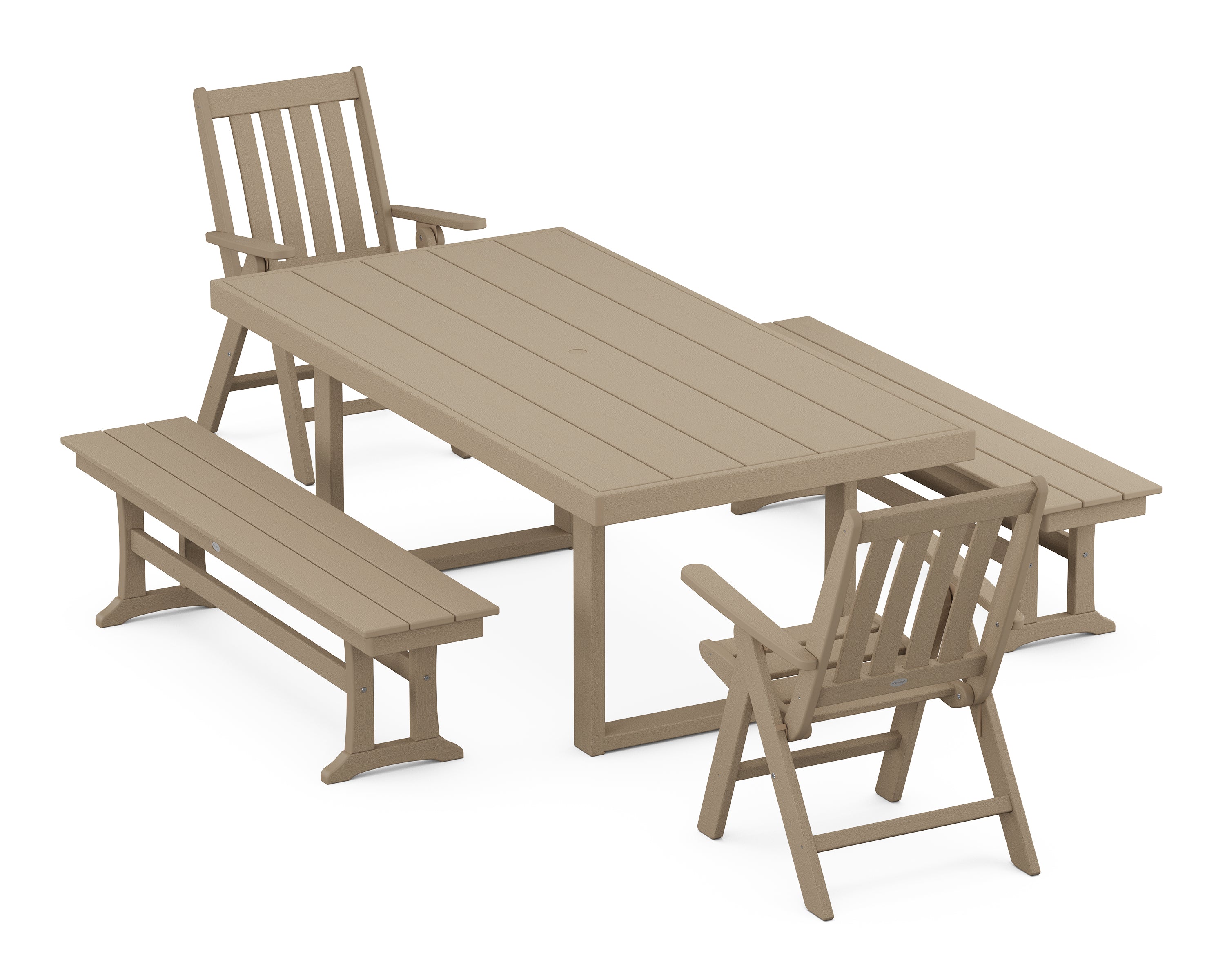 POLYWOOD® Vineyard Folding Chair 5-Piece Dining Set with Benches in Vintage Sahara