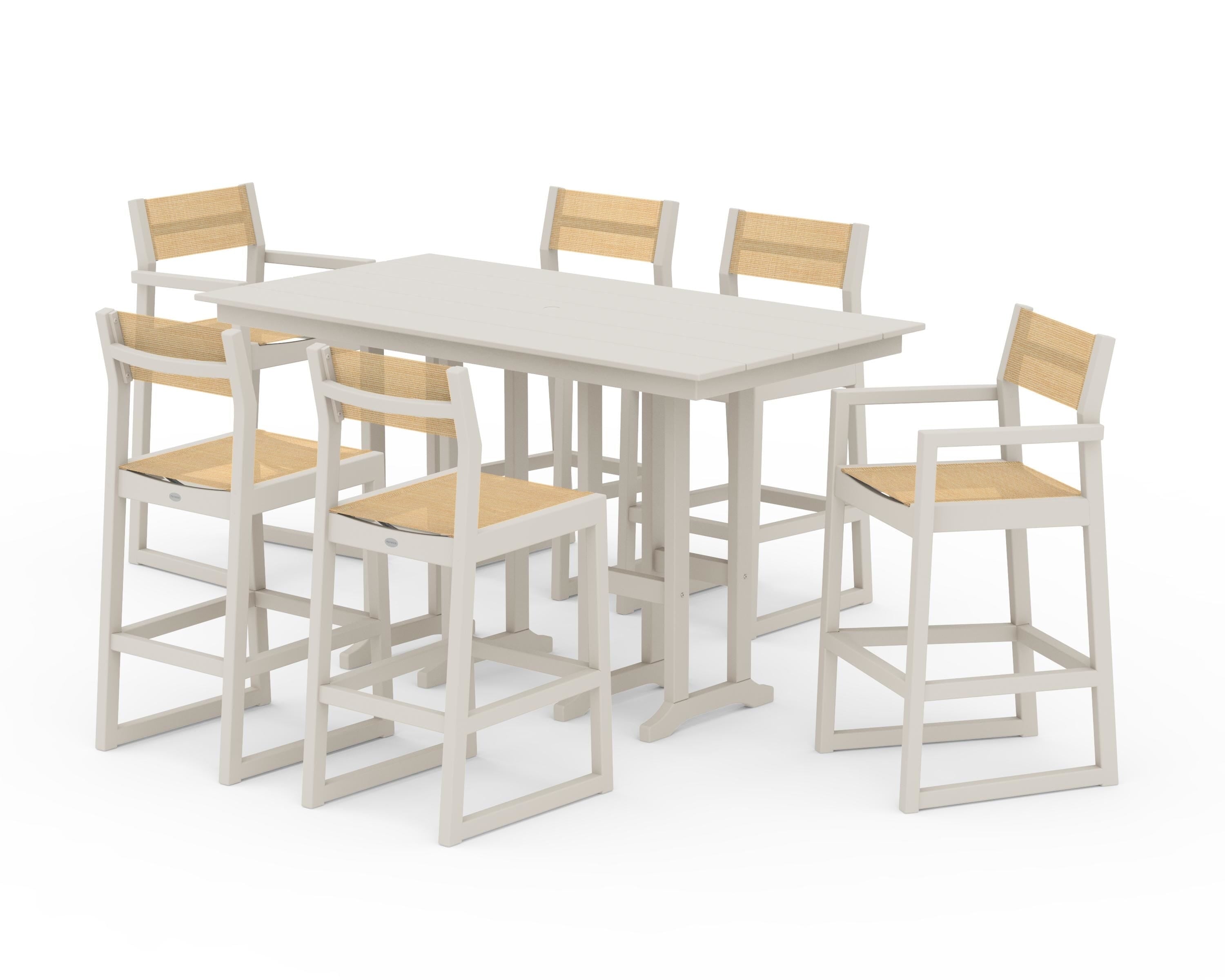 POLYWOOD EDGE Sling 7-Piece Farmhouse Bar Set in Sand / Dupioni Apricot Sling