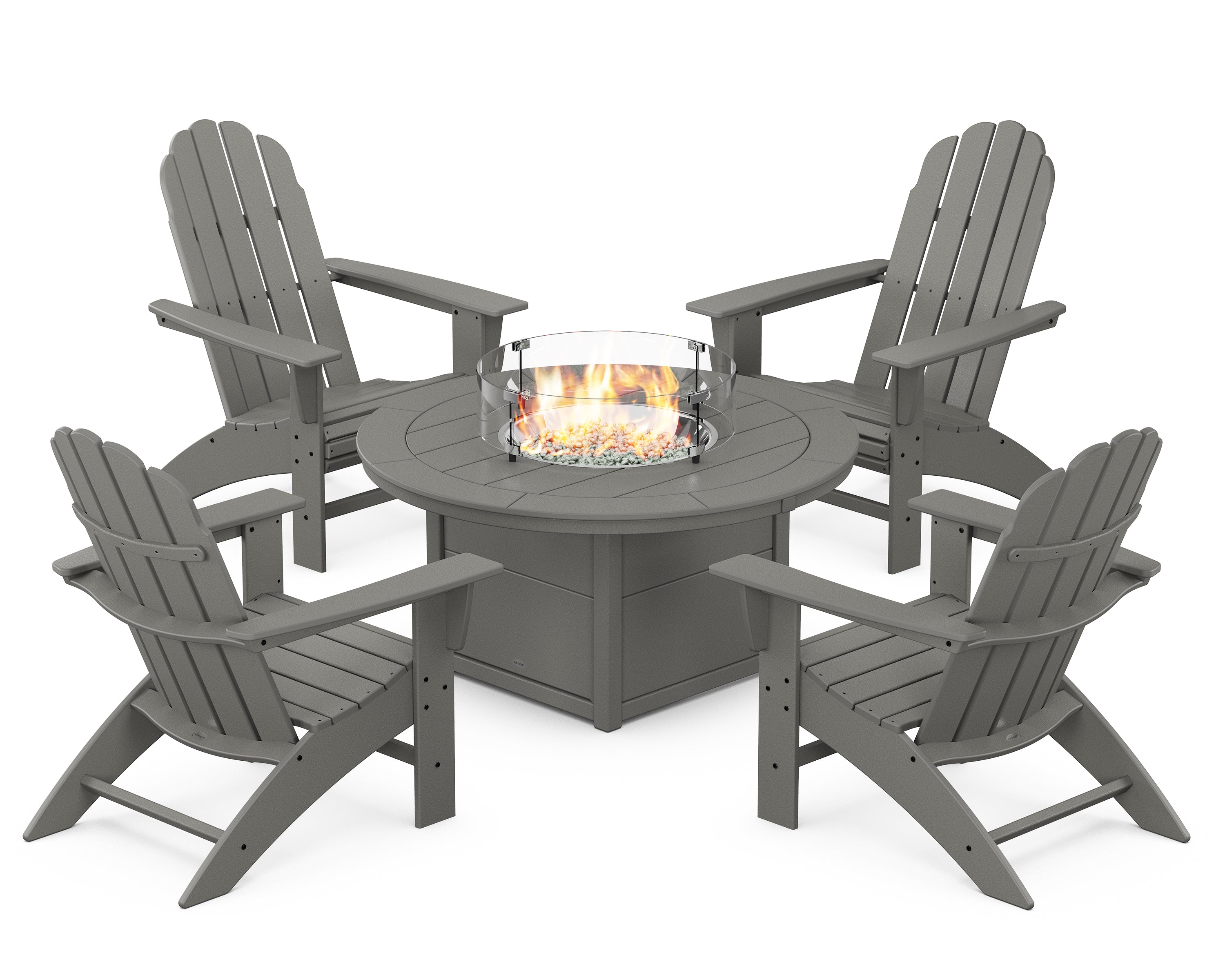 POLYWOOD® Vineyard Curveback Adirondack 5-Piece Conversation Set with Fire Pit Table in Slate Grey