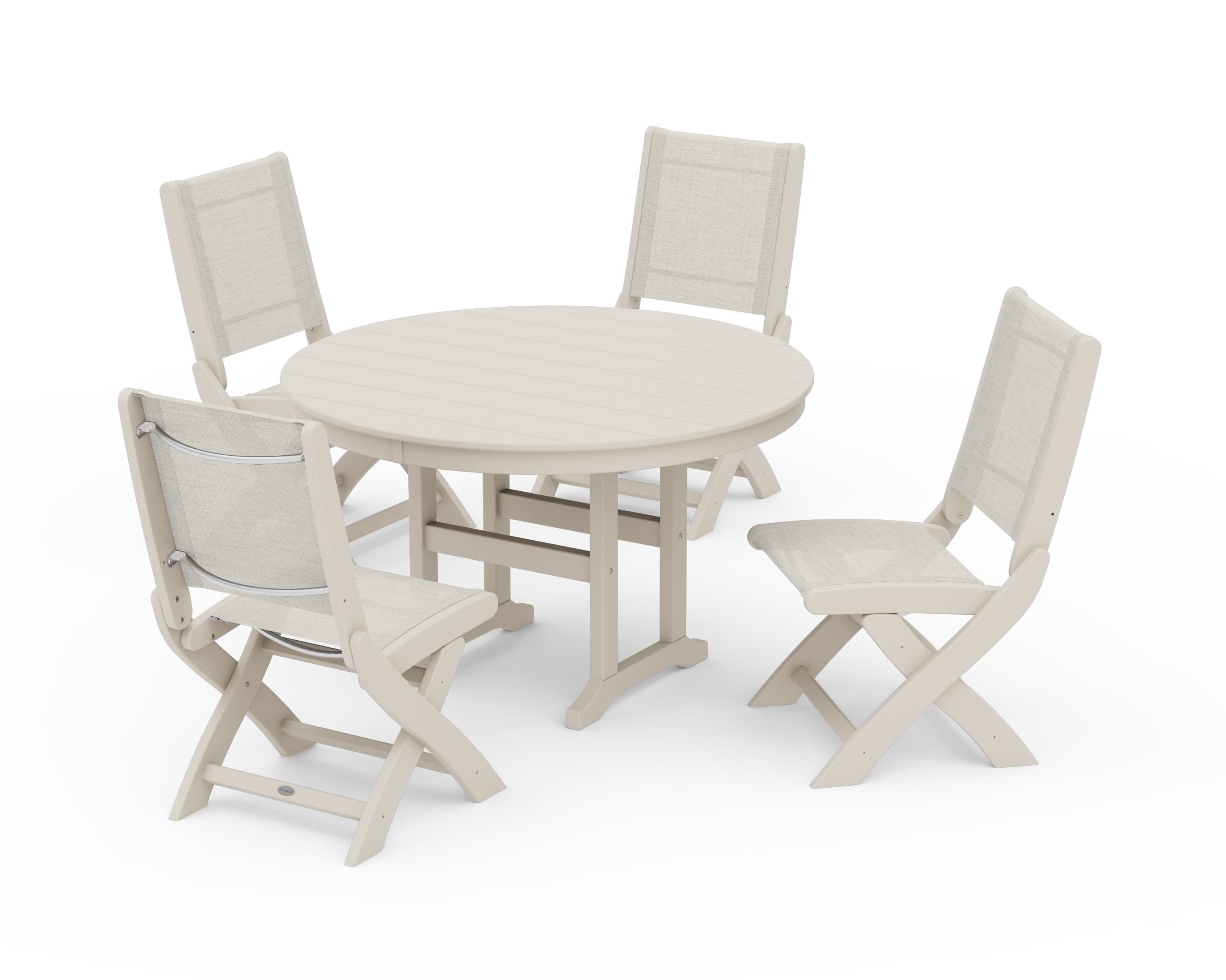 POLYWOOD Coastal Folding Side Chair 5-Piece Round Dining Set in Sand / Parchment Sling